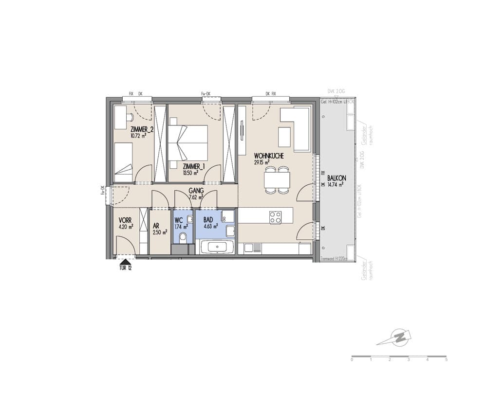 Grundriss Top 02-012 — Hof am Park — 3 Zimmer — 74,1 m² — 1. OG