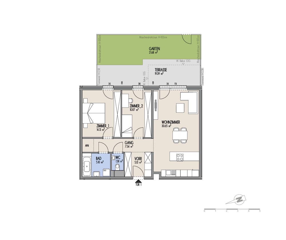 Floorplan Top 01-001 — Hof am Park — 3 Rooms — 75 m² — EG