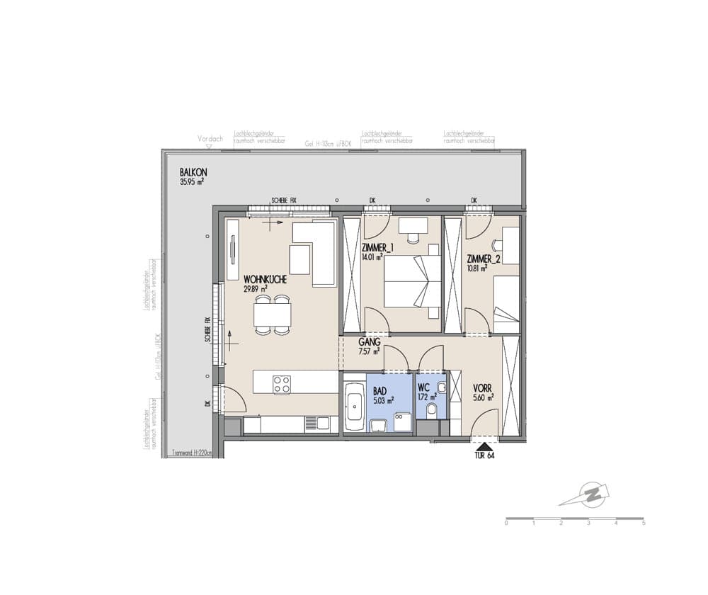 Grundriss Top 01-064 — Hof am Park — 3 Zimmer — 74,6 m² — 9. OG (DG)