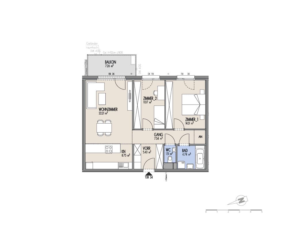 Grundriss Top 01-034 — Hof am Park — 3 Zimmer — 75,6 m² — 3. OG
