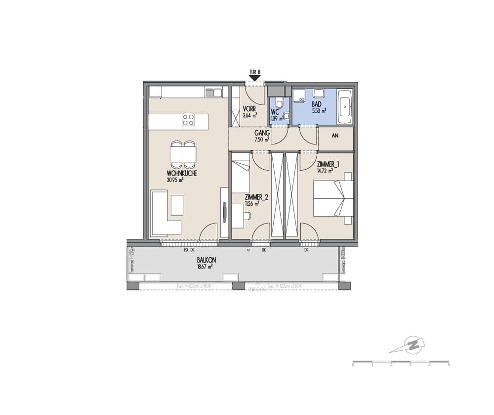 Grundriss Top 01-008 — Hof am Park — 3 Zimmer — 75 m² — 1. OG