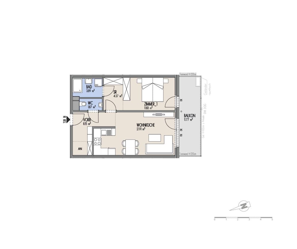 Floorplan Top 02-018 — Hof am Park — 2 Rooms — 52 m² — 2. OG
