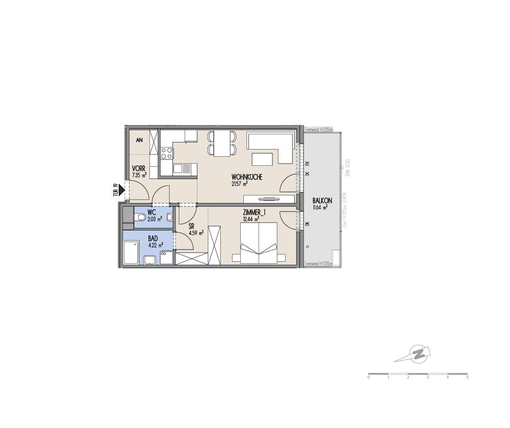 Grundriss Top 02-019 — Hof am Park — 2 Zimmer — 52,2 m² — 2. OG