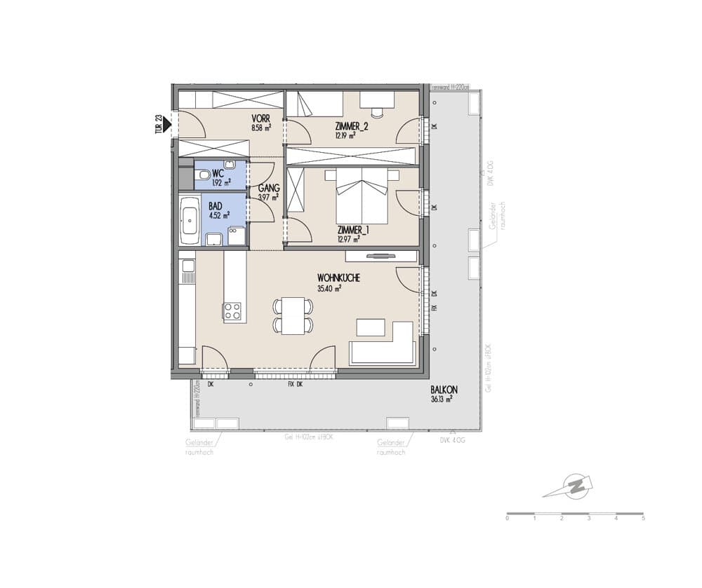Grundriss Top 02-023 — Hof am Park — 3 Zimmer — 79,6 m² — 3. OG