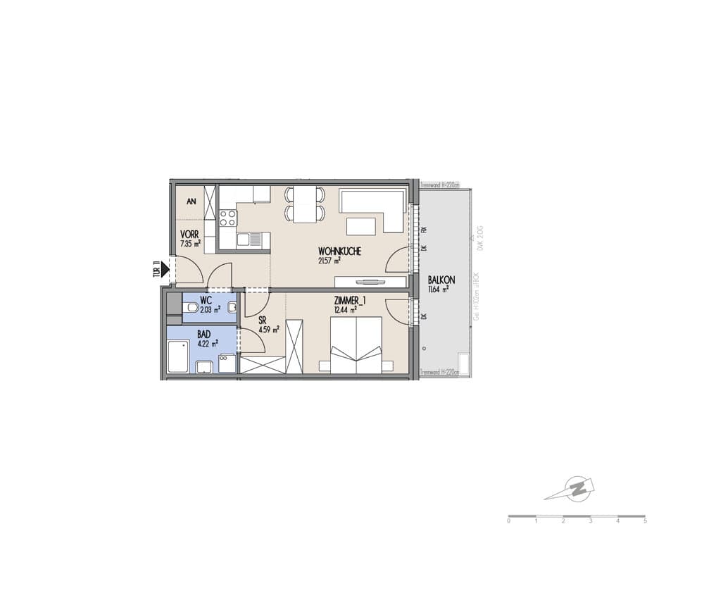 Grundriss Top 02-011 — Hof am Park — 2 Zimmer — 52,2 m² — 1. OG