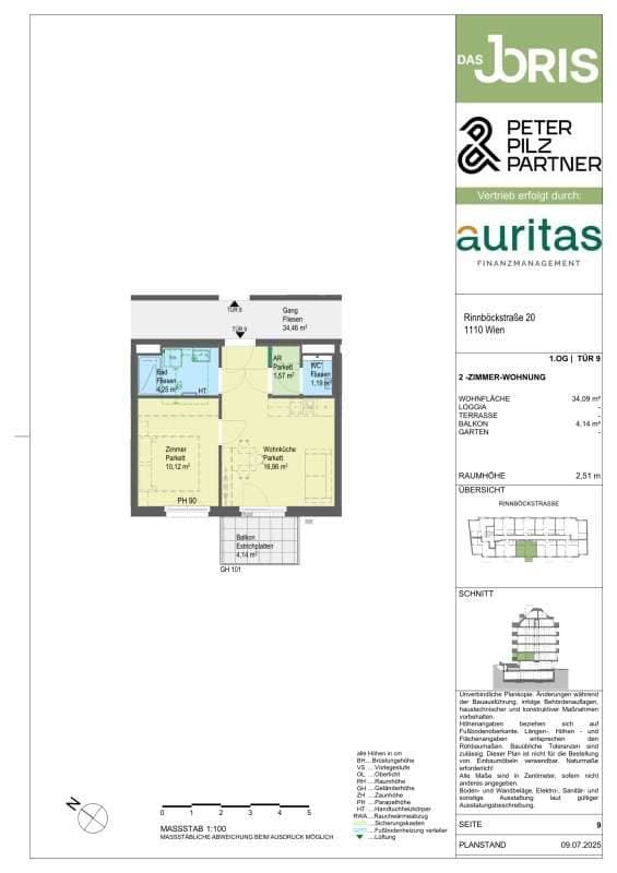 Grundriss Top 9 — Das JORIS — 2 Zimmer — 34 m² — Balkon