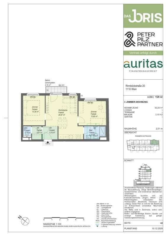 Grundriss Top 42 — Das JORIS — 3 Zimmer — 52 m² — Balkon