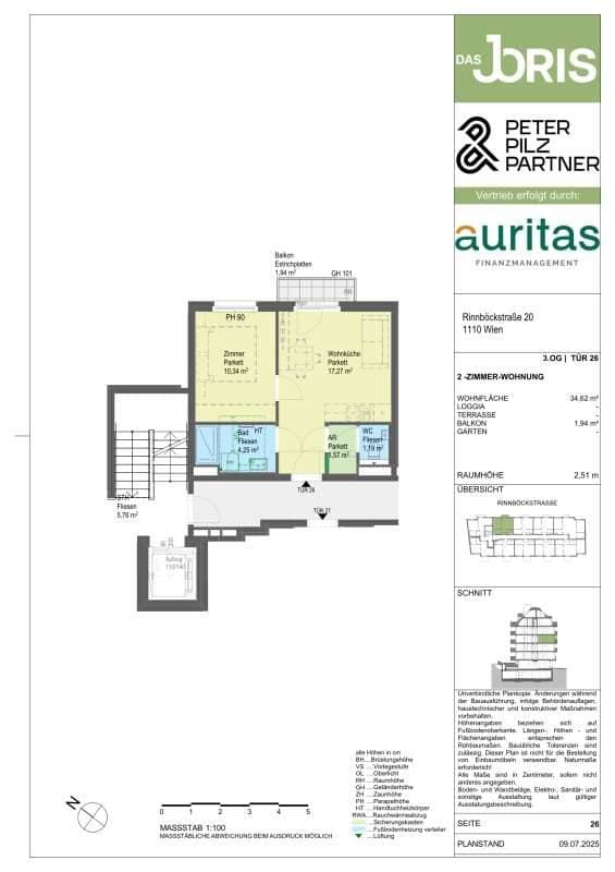 Grundriss Top 26 — Das JORIS — 2 Zimmer — 35 m² — Balkon
