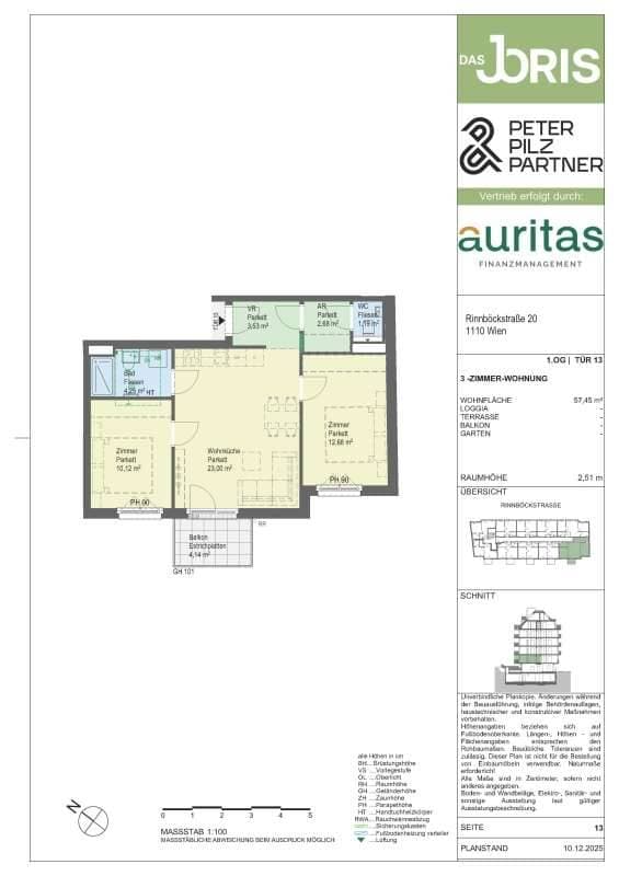 Grundriss Top 13 — Das JORIS — 3 Zimmer — 57 m² — Balkon
