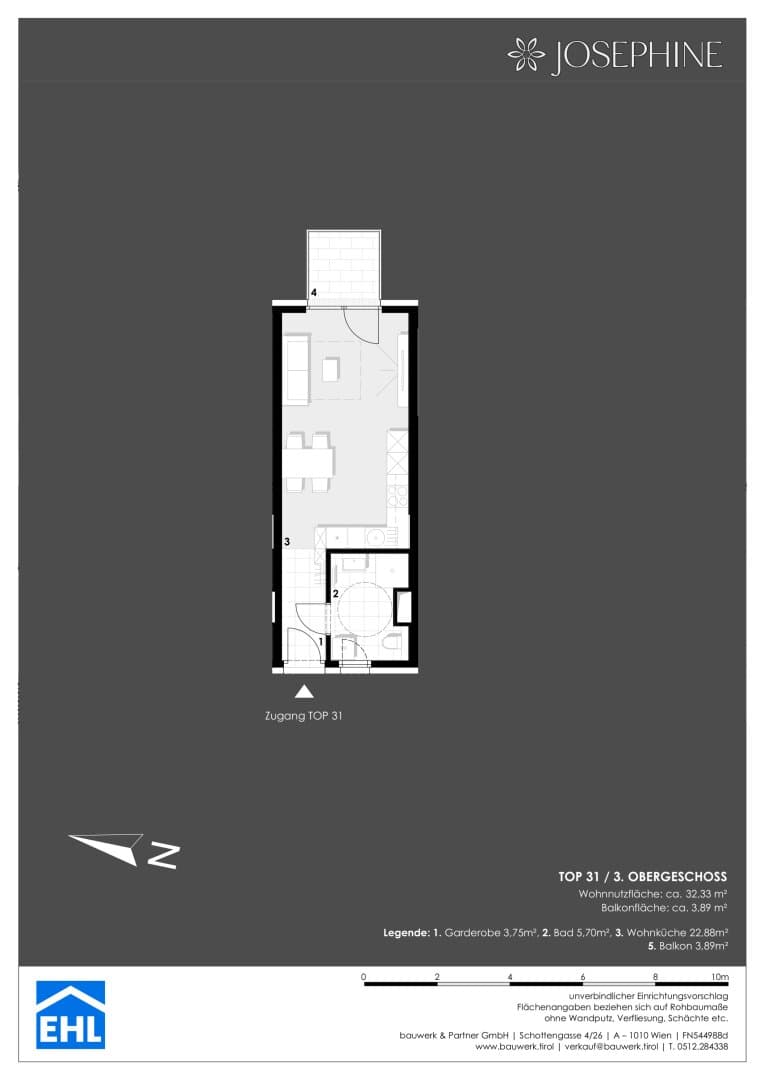 Grundriss 31 — Josephine — 1 Zimmer — 32,3 m² — 3. Etage