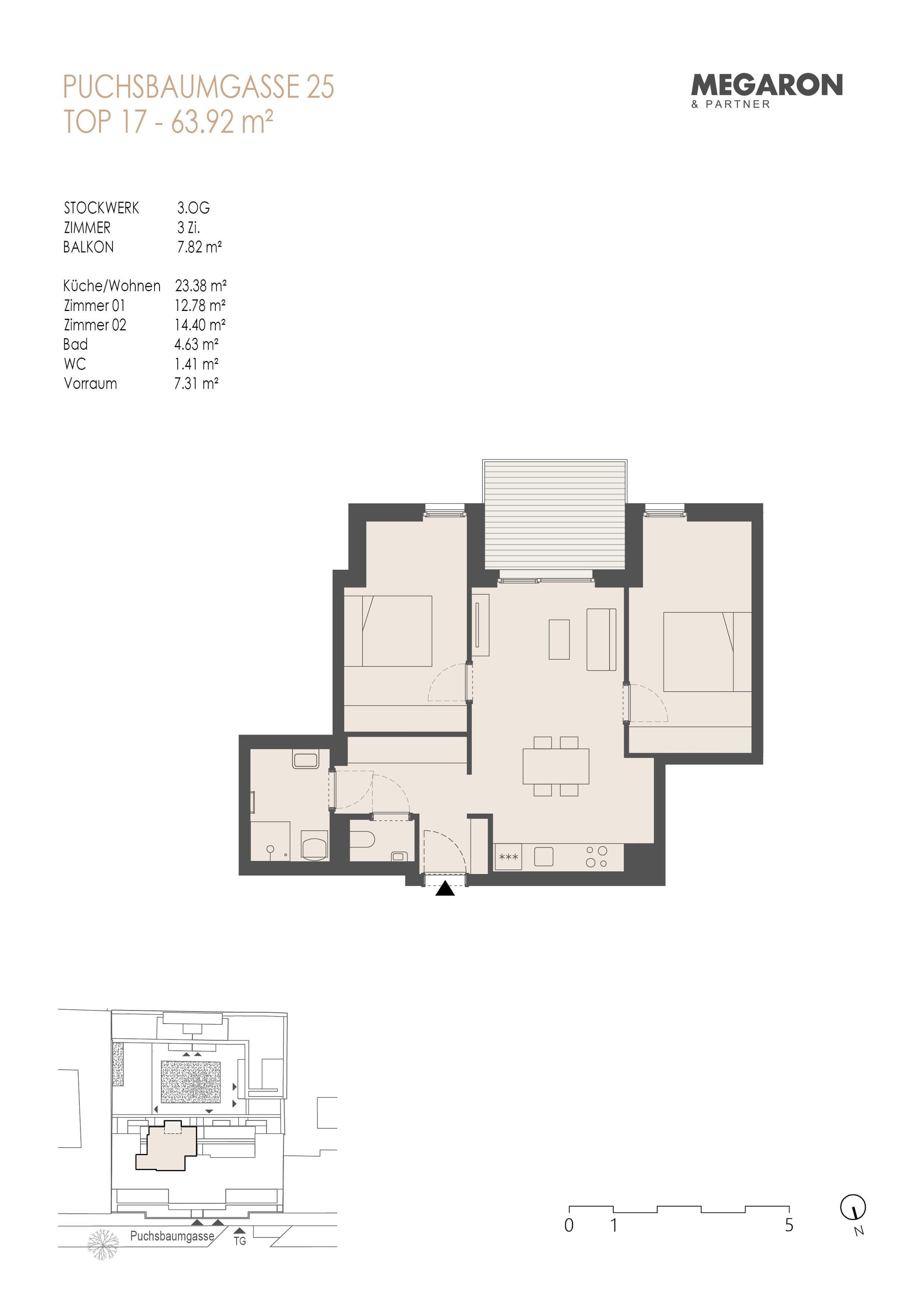Floorplan Top 17 — Karl im X. — 3 Rooms — 63.9 m² — 3. OG