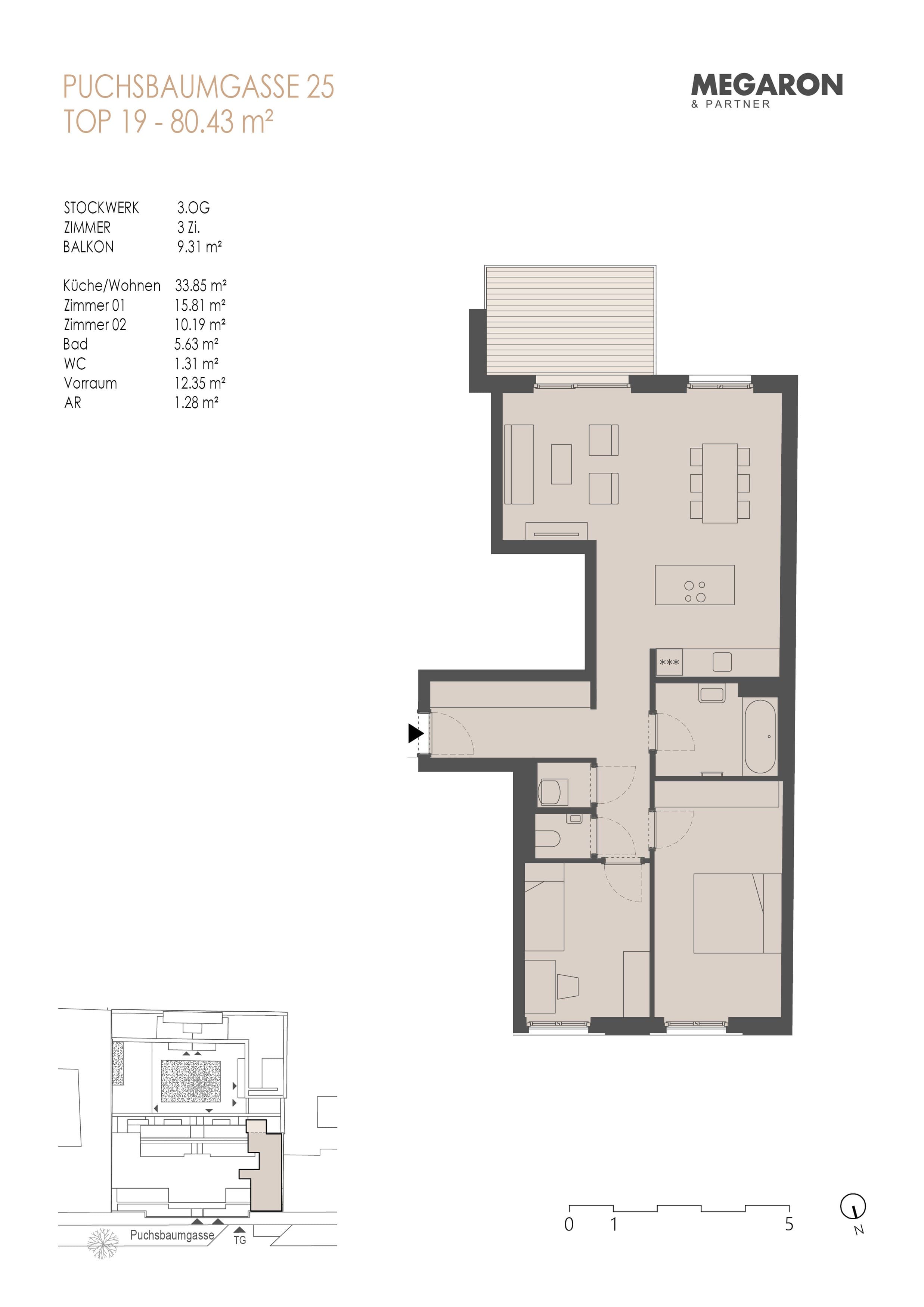 Floorplan Top 19 — Karl im X. — 3 Rooms — 80.4 m² — 3. OG