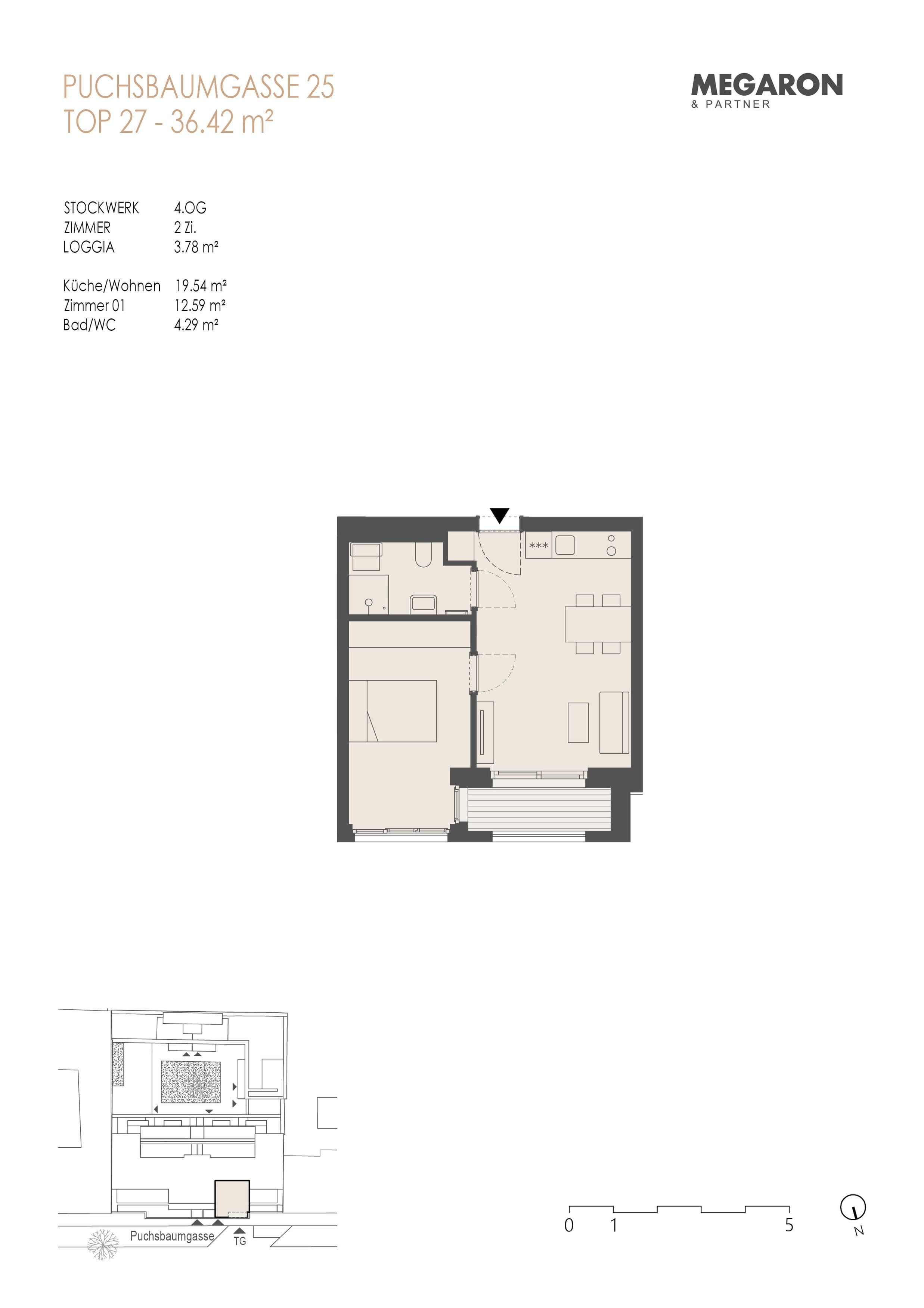 Grundriss Top 27 — Karl im X. — 2 Zimmer — 36,4 m² — 4. OG