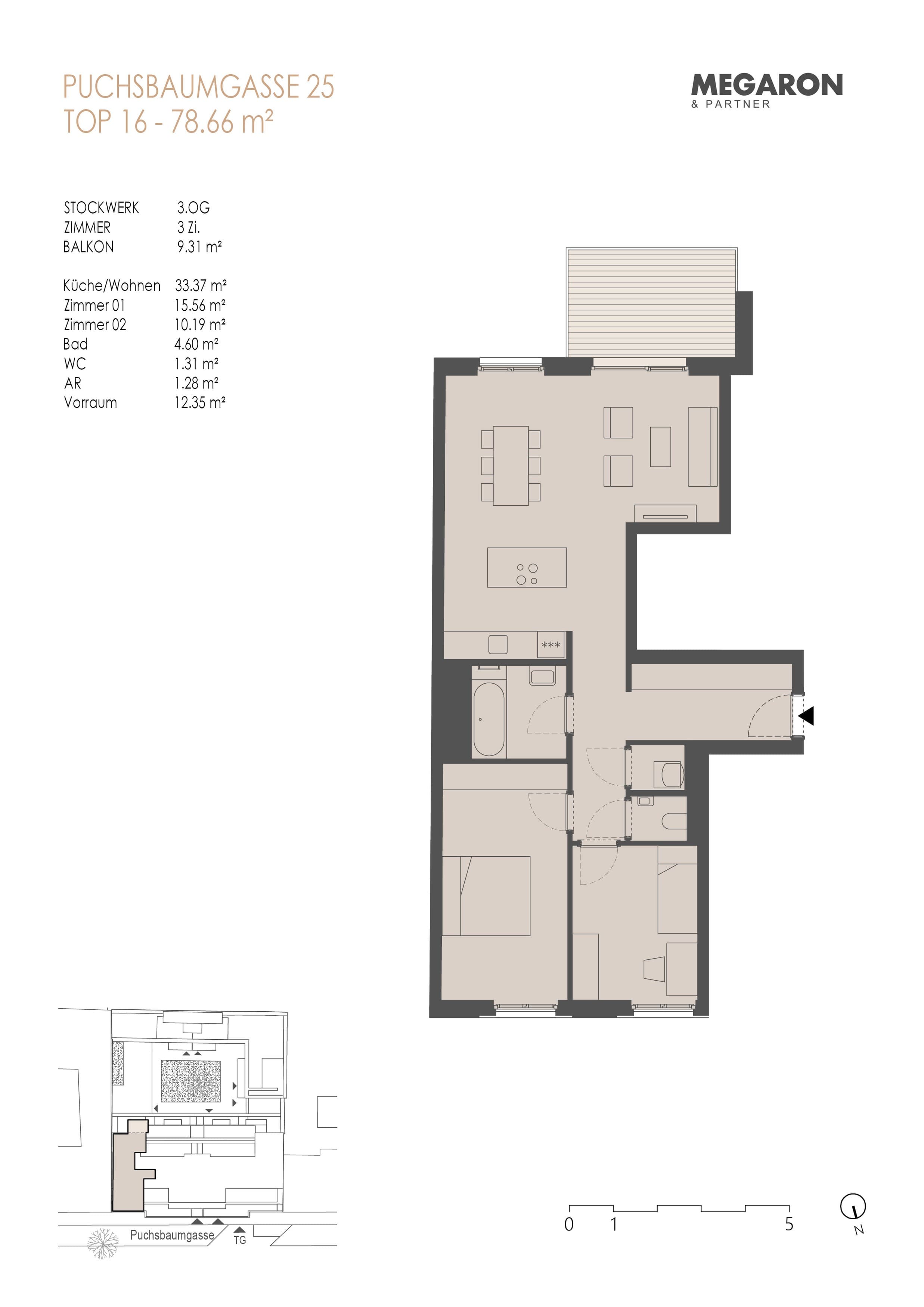Floorplan Top 16 — Karl im X. — 3 Rooms — 78.7 m² — 3. OG