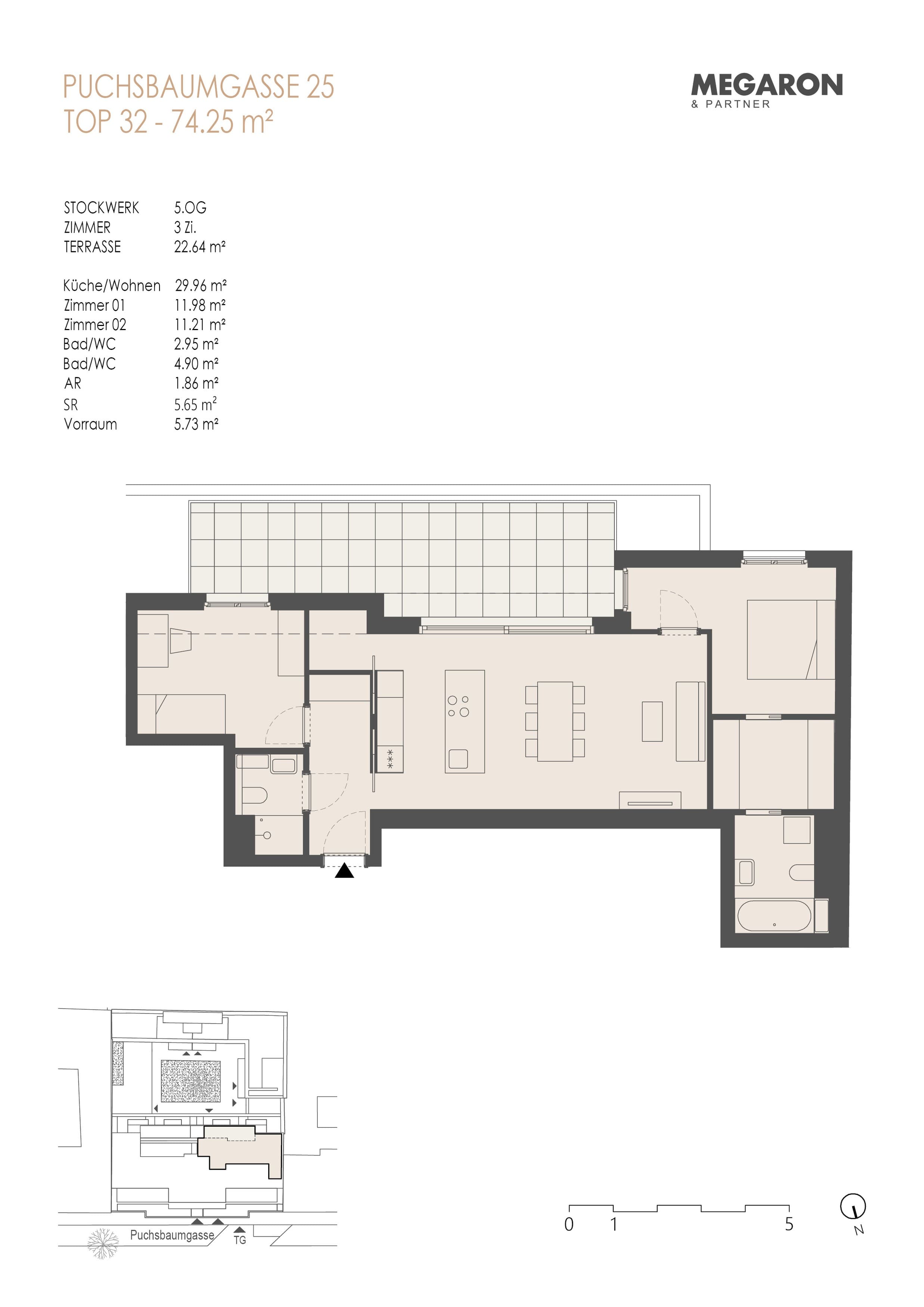 Grundriss Top 32 — Karl im X. — 3 Zimmer — 74,3 m² — 1. DG
