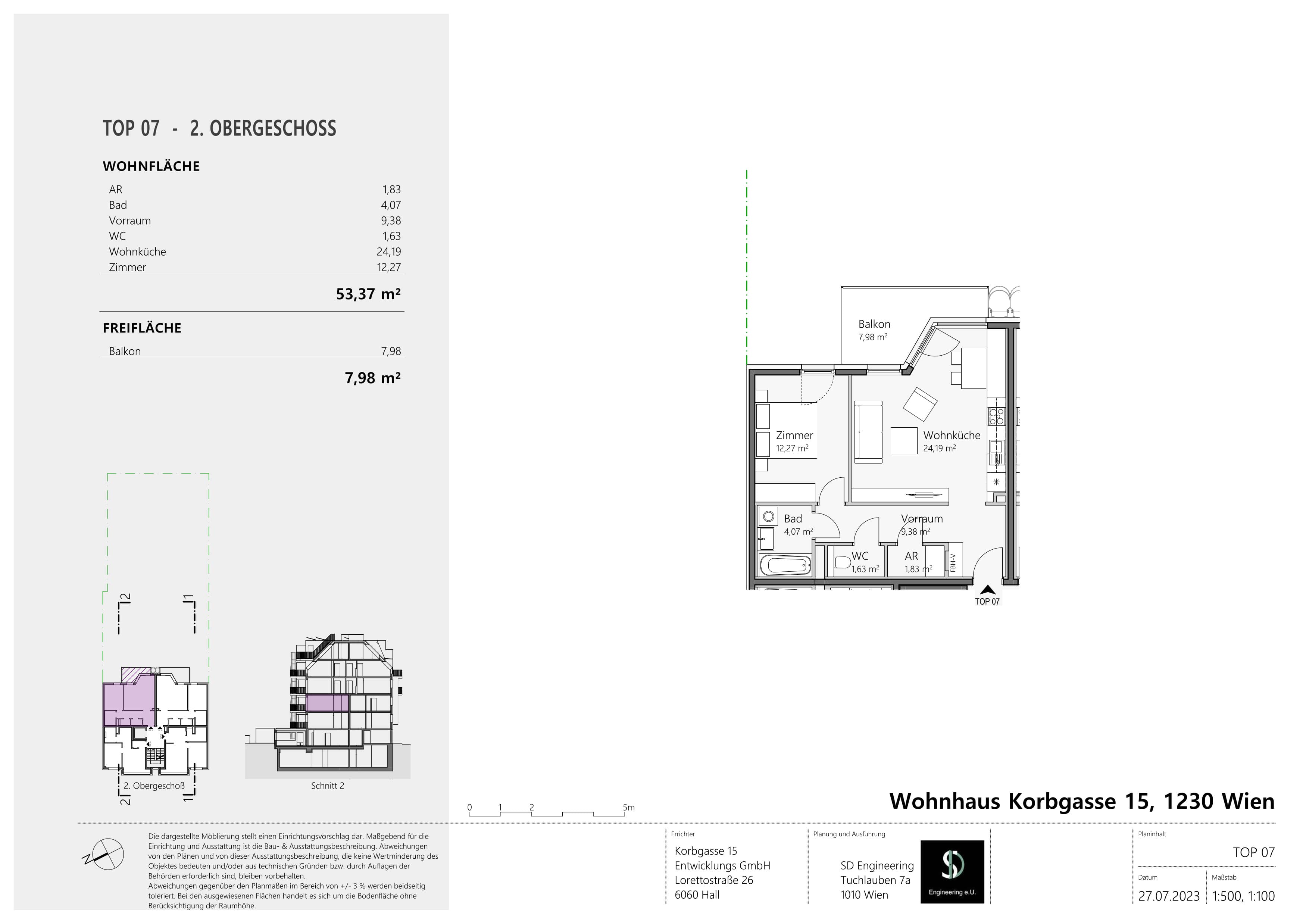 Grundriss Top 07 — Wohnen im Korbgarten — 2 Zimmer — 53,4 m² — 2. OG
