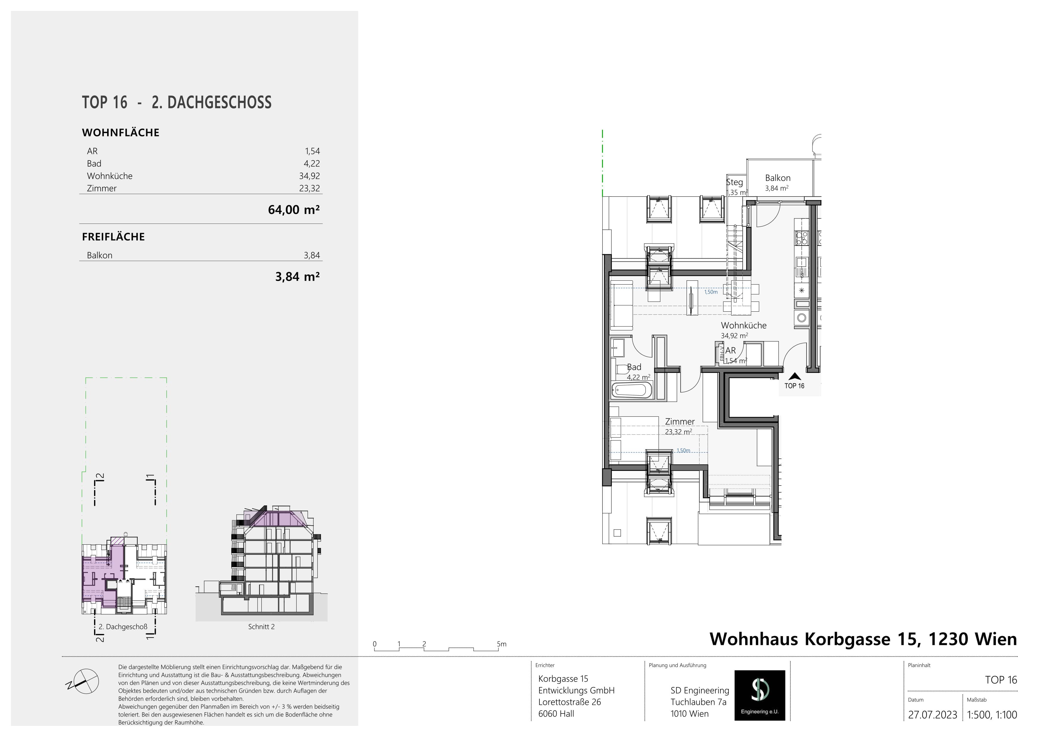 Grundriss Top 16 — Wohnen im Korbgarten — 2 Zimmer — 64 m² — 2. DG