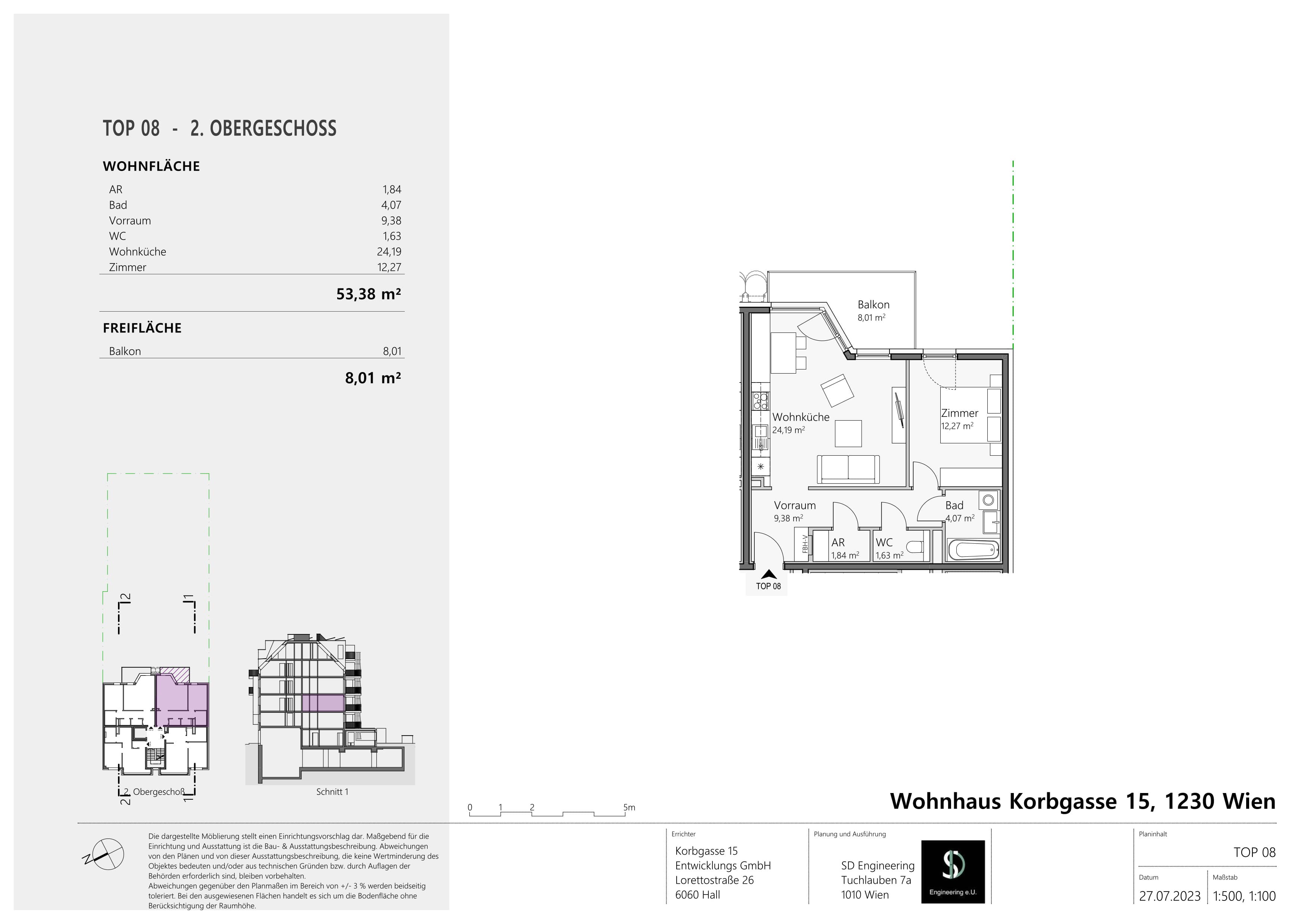 Grundriss Top 08 — Wohnen im Korbgarten — 2 Zimmer — 53,4 m² — 2. OG