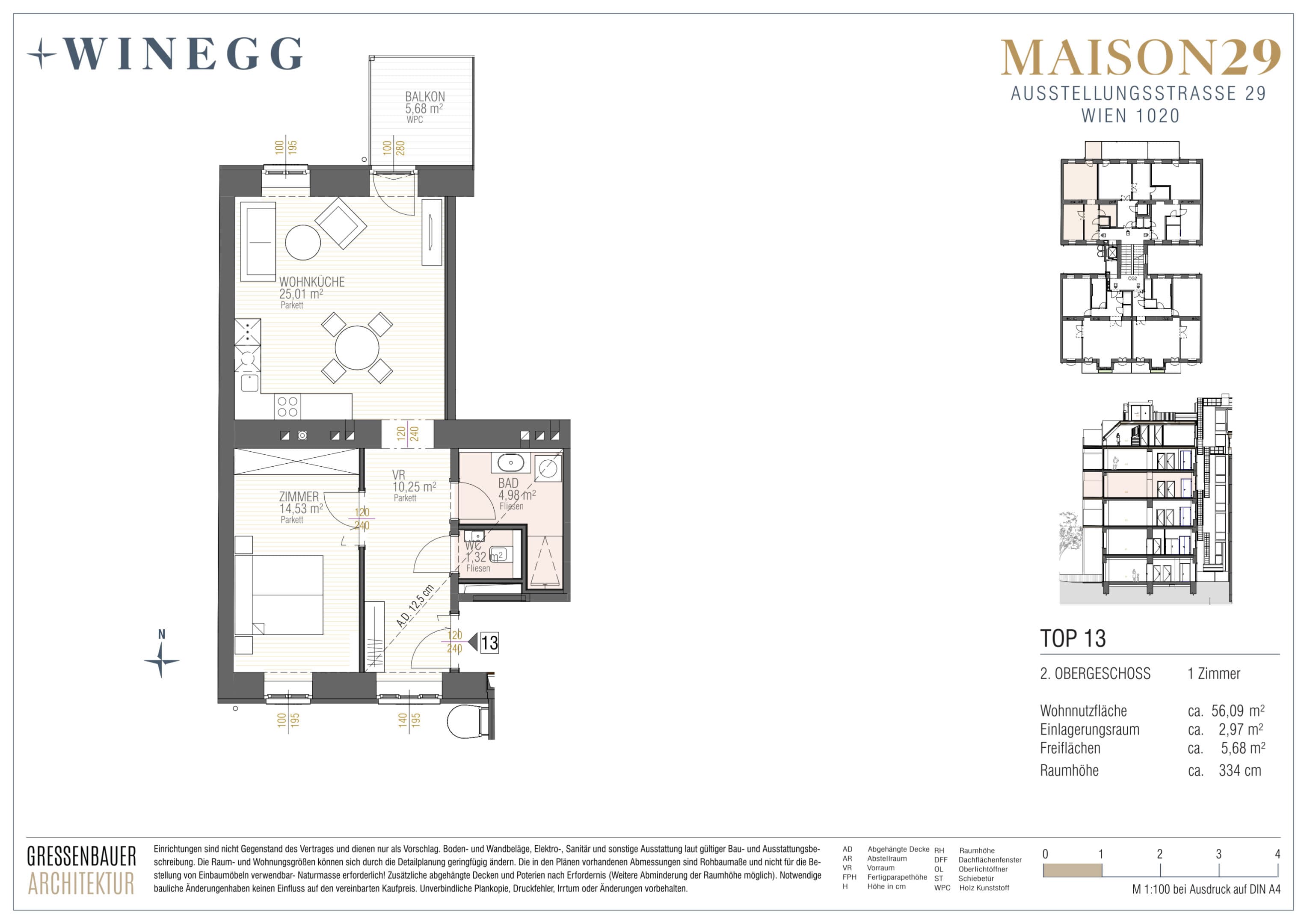 Grundriss Top 13 — MAISON 29 — 2 Zimmer — 56,1 m² — 2. OG — Balkon