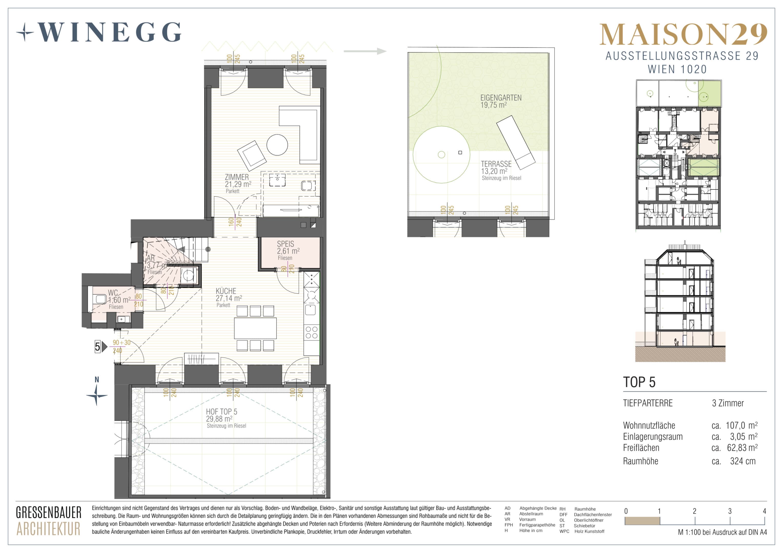 Grundriss Top 5 — MAISON 29 — 3 Zimmer — 107 m² — Mezzanin — Garten, Terrasse — Grundriss 1/2