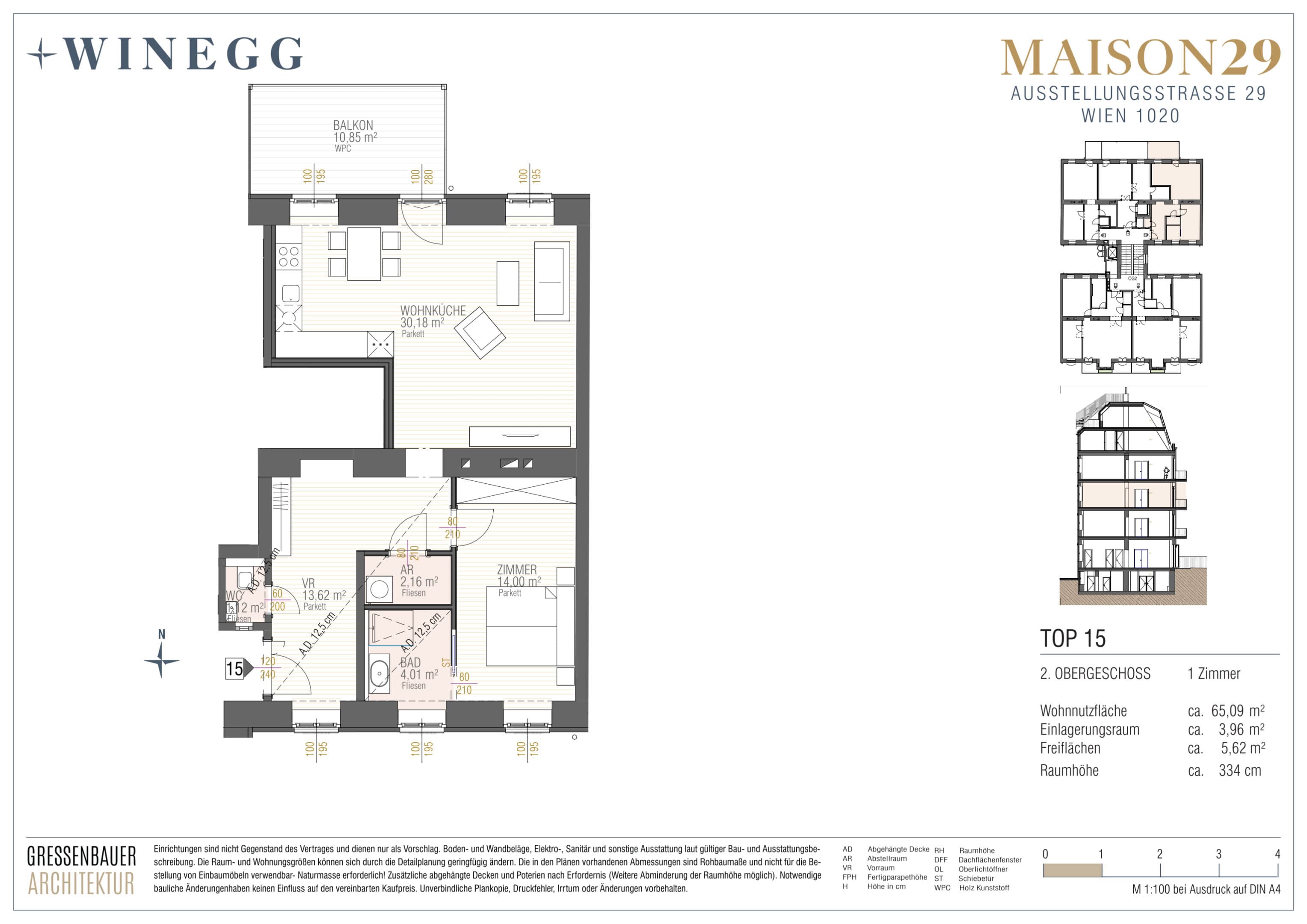 Grundriss Top 15 — MAISON 29 — 2 Zimmer — 65,1 m² — 2. OG — Balkon