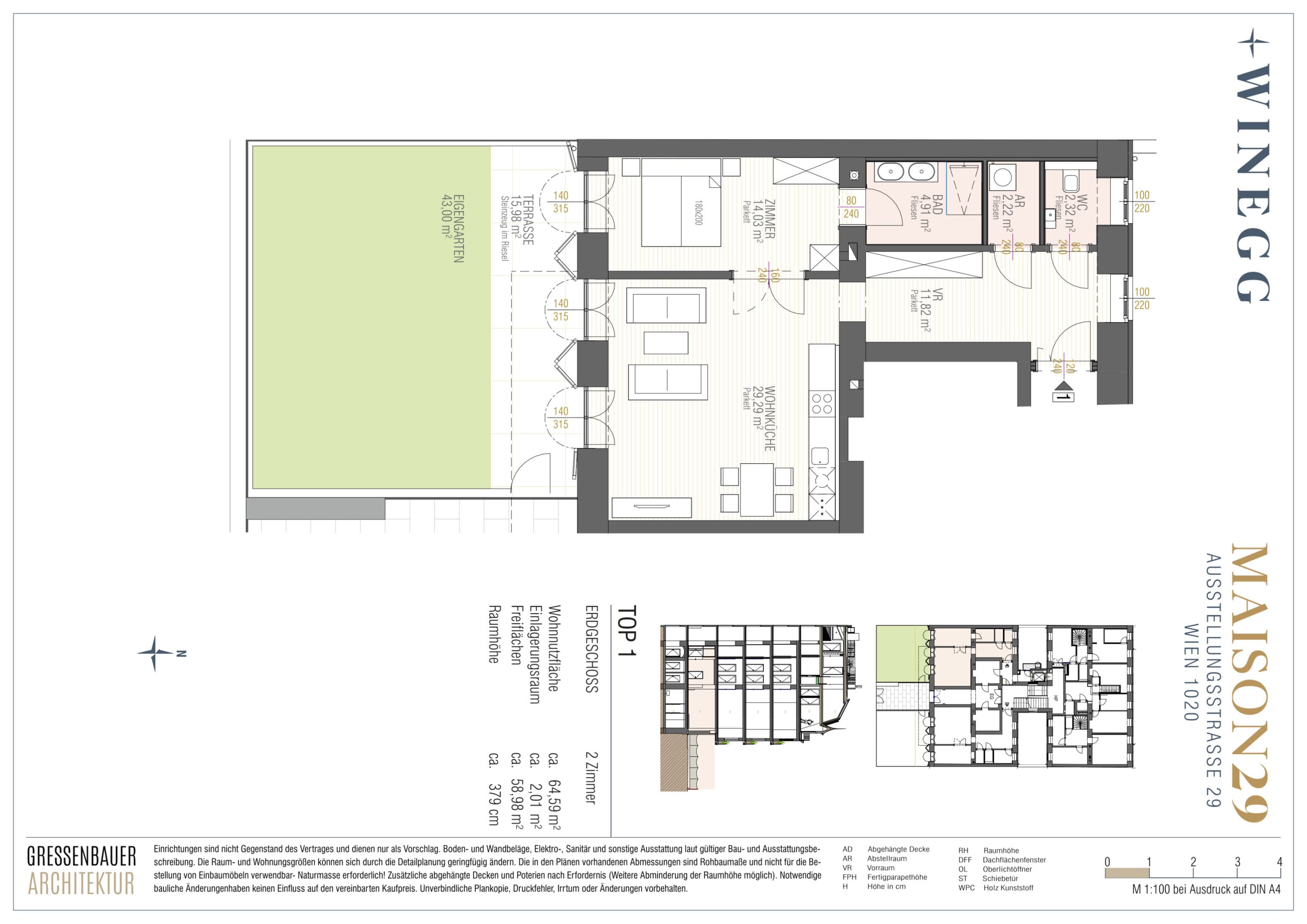 Grundriss Top 1 — MAISON 29 — 2 Zimmer — 64,6 m² — EG — Garten, Terrasse