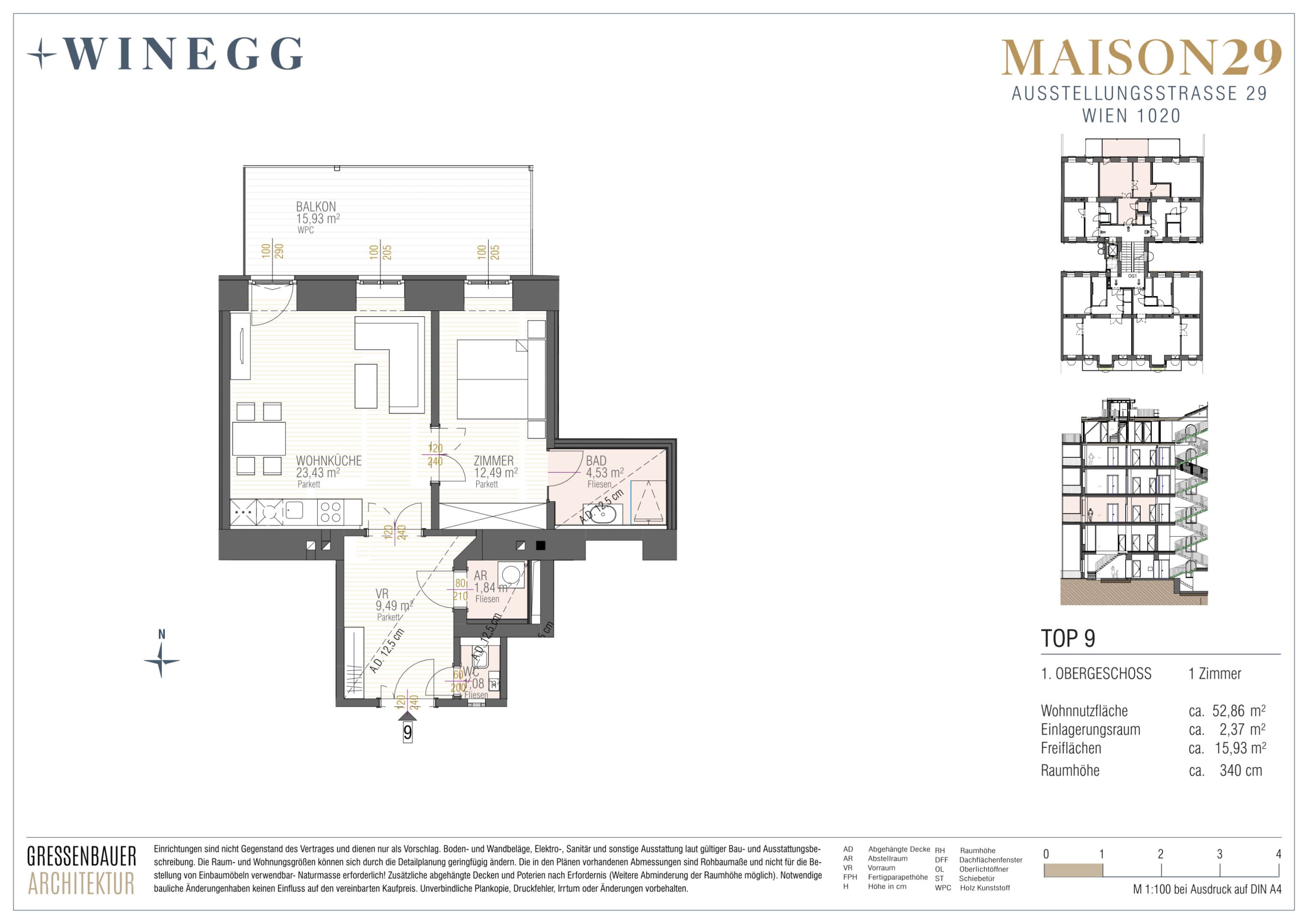 Grundriss Top 9 — MAISON 29 — 2 Zimmer — 52,9 m² — 1. OG — Balkon