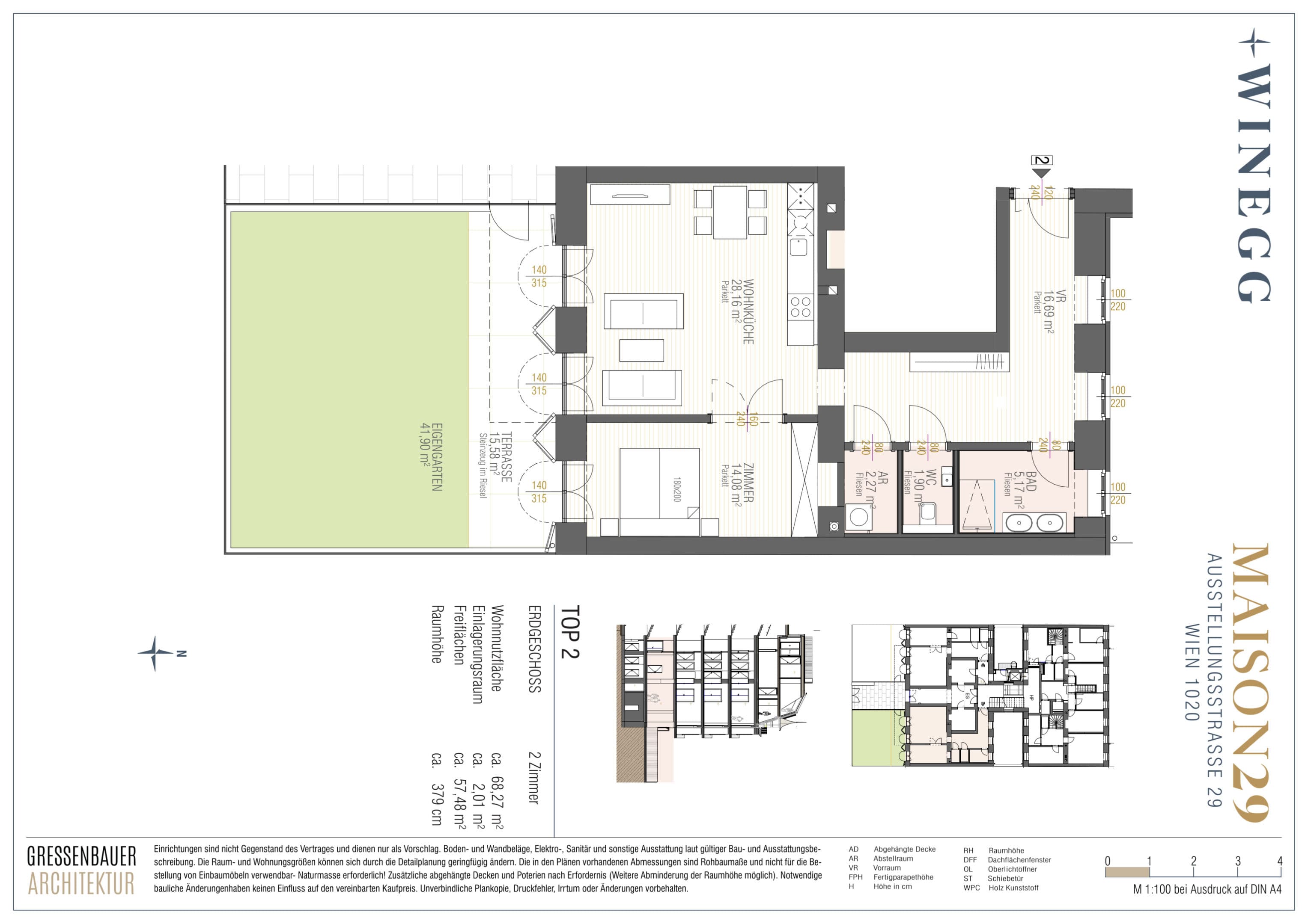 Grundriss Top 2 — MAISON 29 — 2 Zimmer — 68,3 m² — EG — Garten, Terrasse
