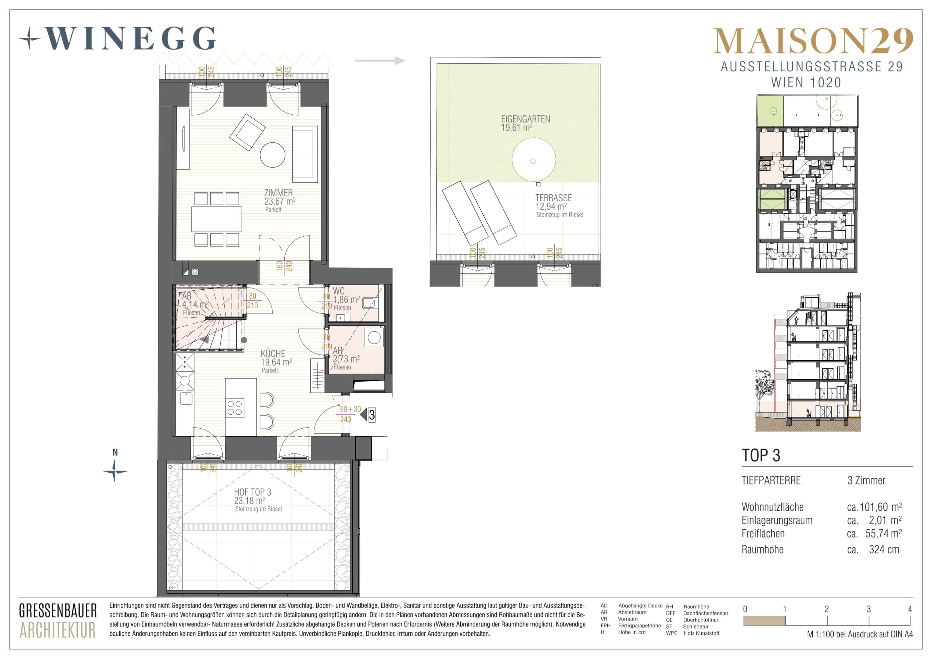 Grundriss Top 3 — MAISON 29 — 3 Zimmer — 101,6 m² — Mezzanin — Garten, Terrasse — Grundriss 1/2