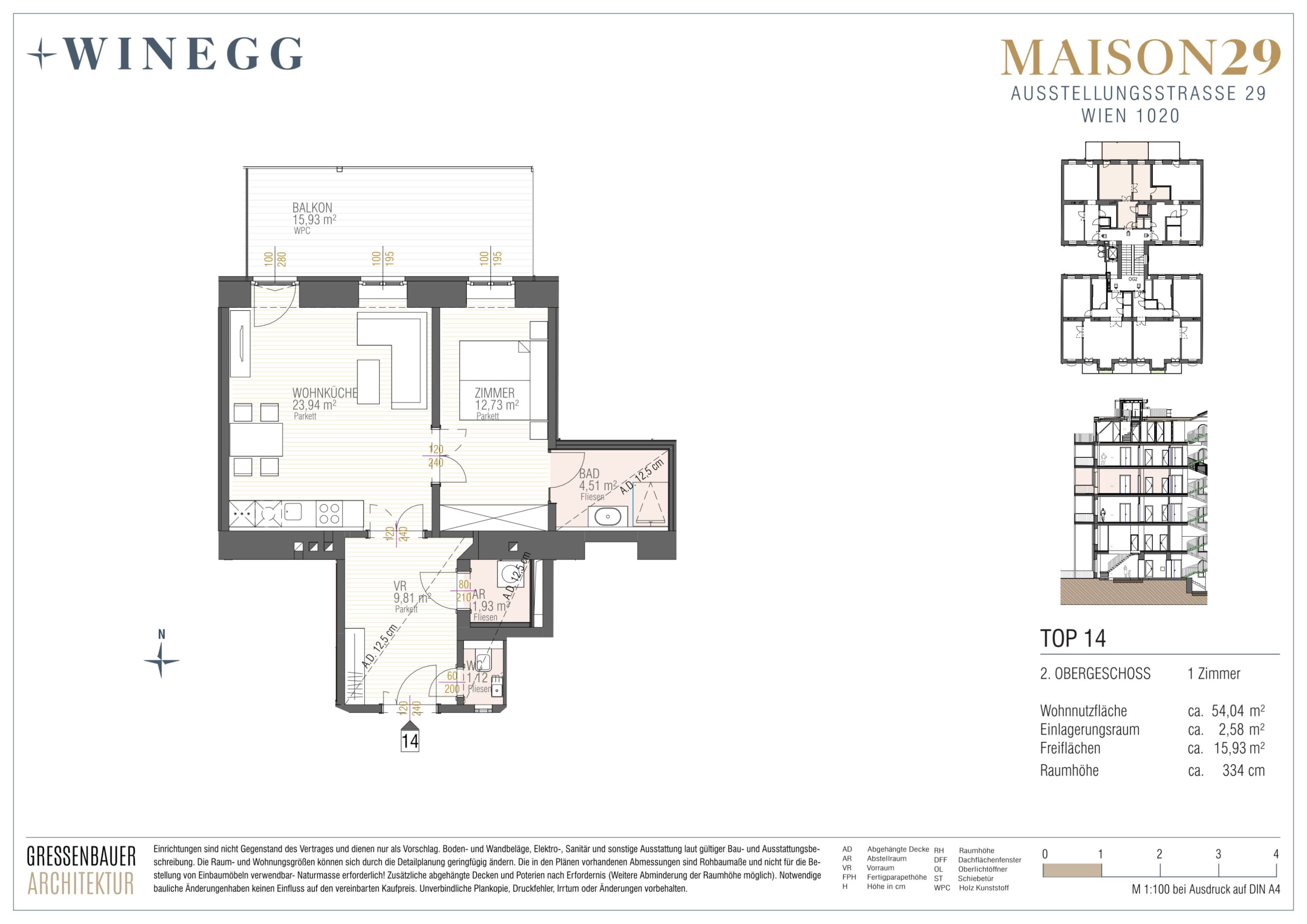 Grundriss Top 14 — MAISON 29 — 2 Zimmer — 54 m² — 2. OG — Balkon