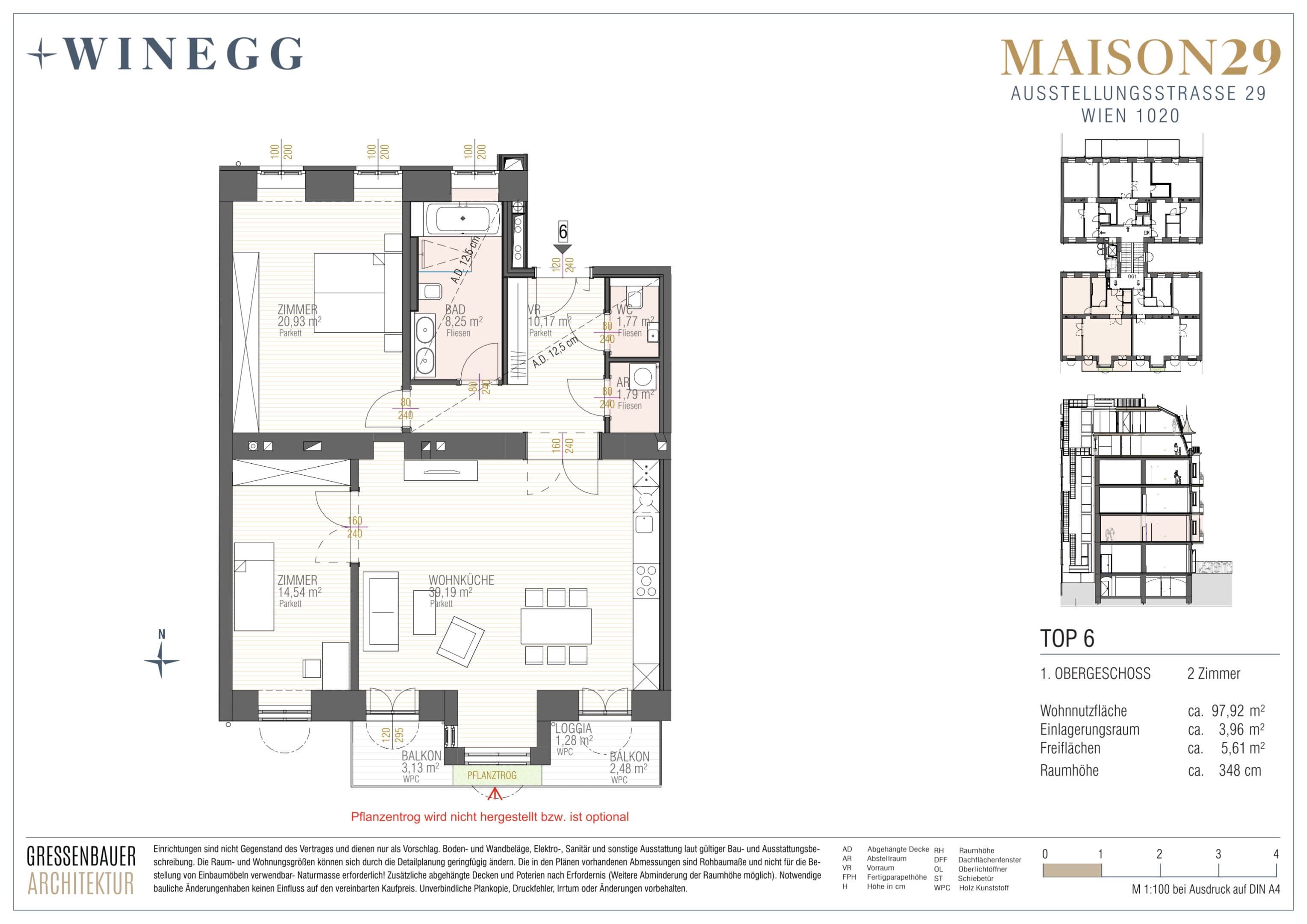Grundriss Top 6 — MAISON 29 — 3 Zimmer — 96,6 m² — 1. OG — Balkon, Loggia