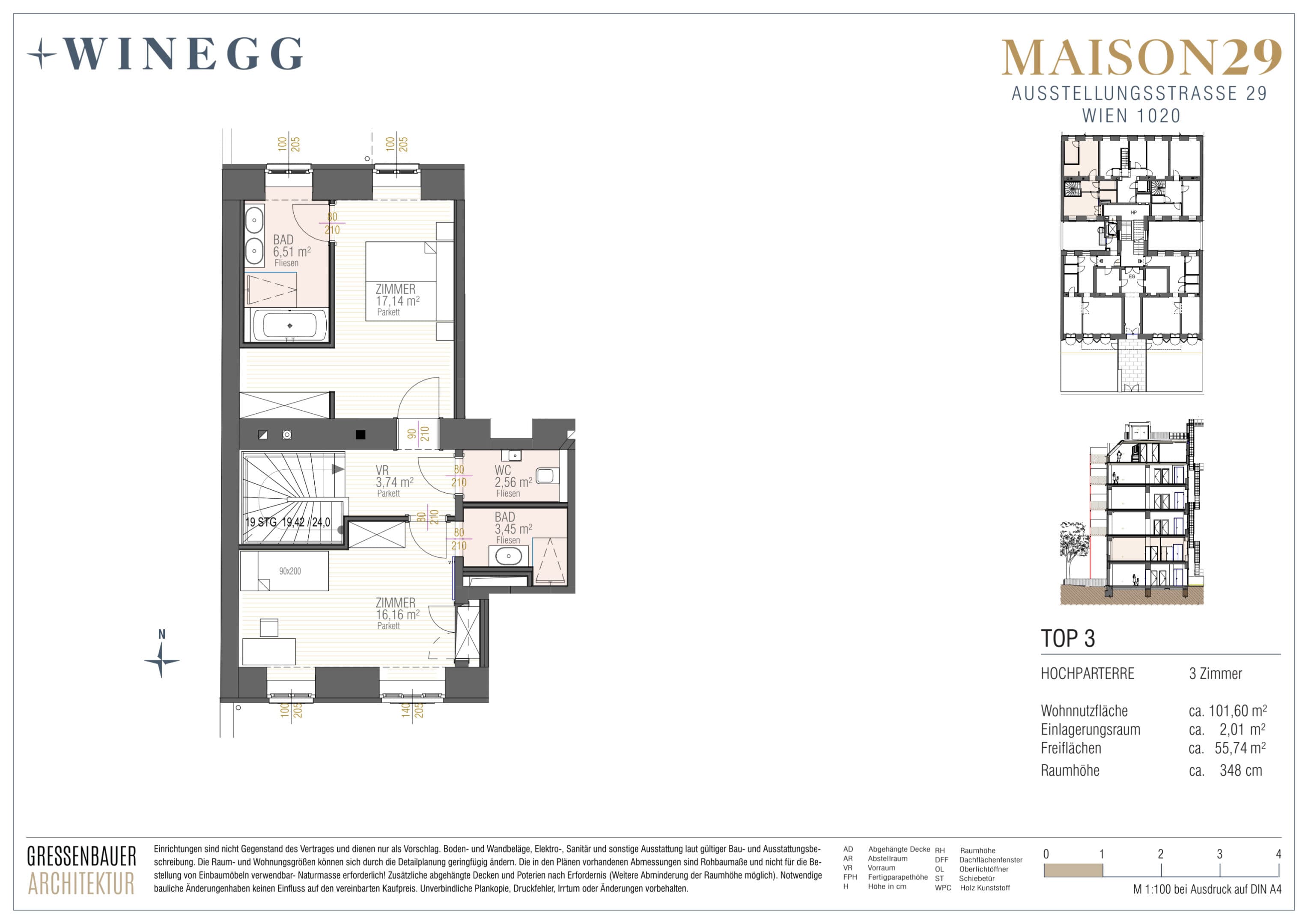Grundriss Top 3 — MAISON 29 — 3 Zimmer — 101,6 m² — Mezzanin — Garten, Terrasse — Grundriss 2/2