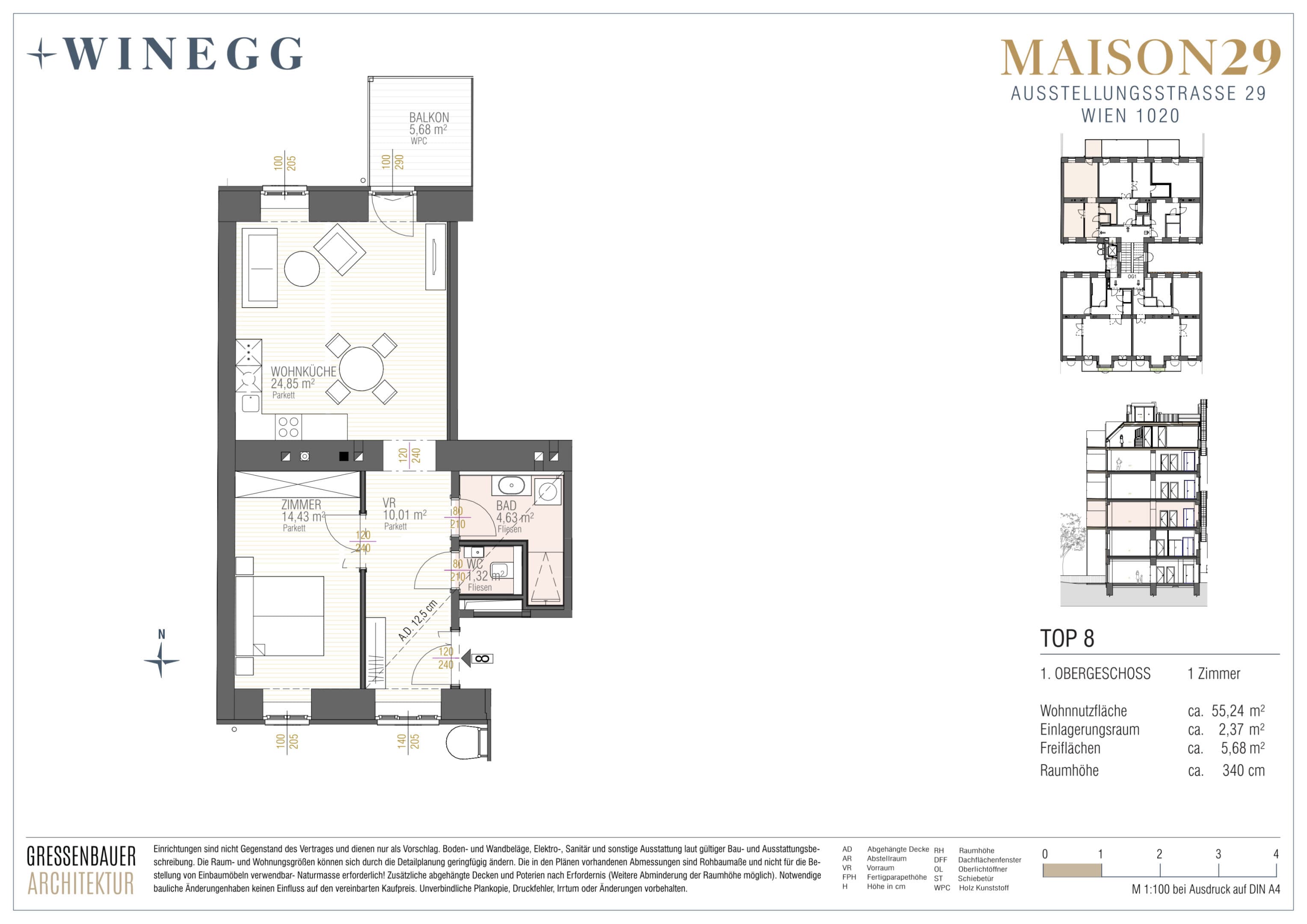 Grundriss Top 8 — MAISON 29 — 2 Zimmer — 55,2 m² — 1. OG — Balkon