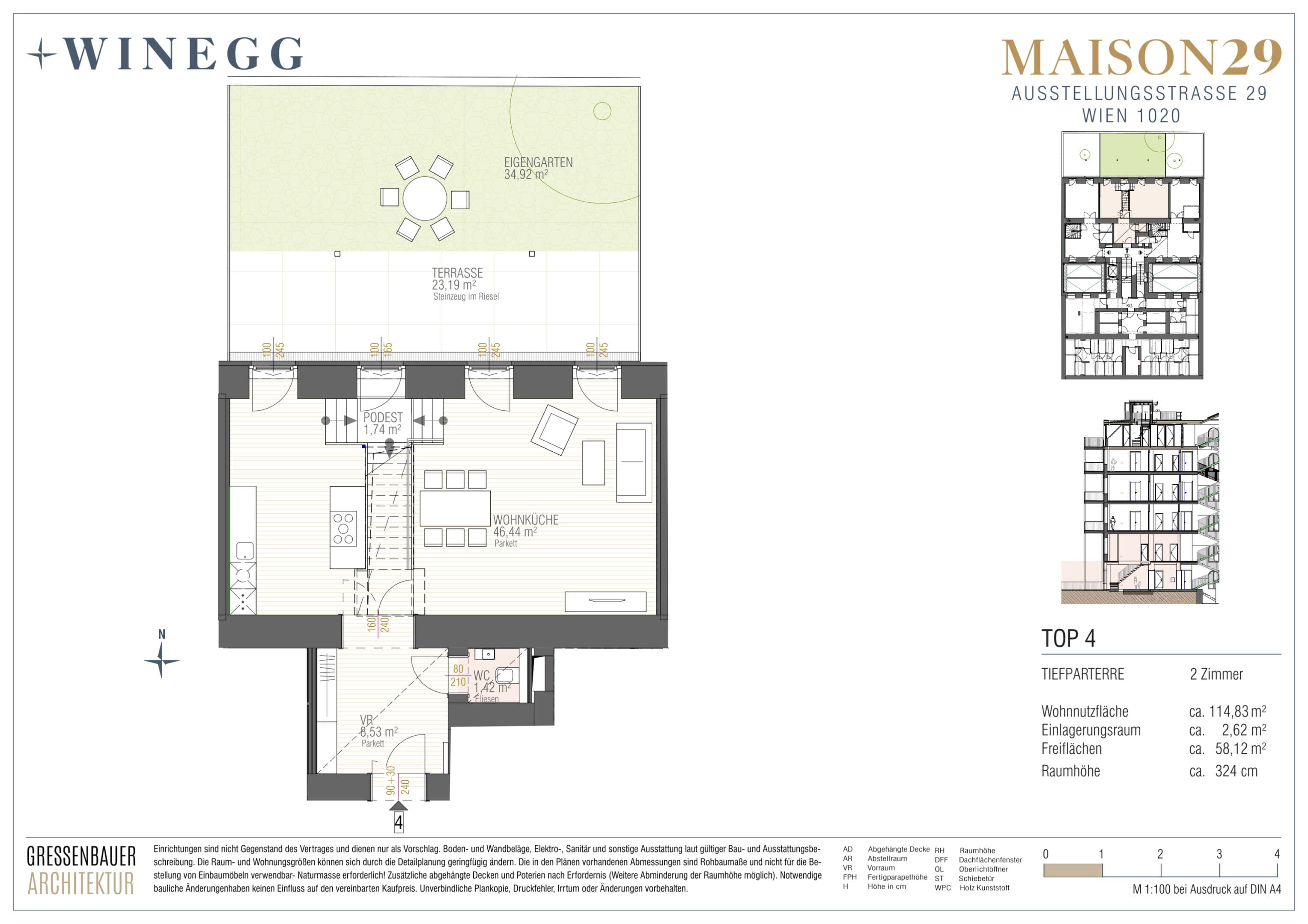 Grundriss Top 4 — MAISON 29 — 3 Zimmer — 114,8 m² — Mezzanin — Garten, Terrasse — Grundriss 1/2