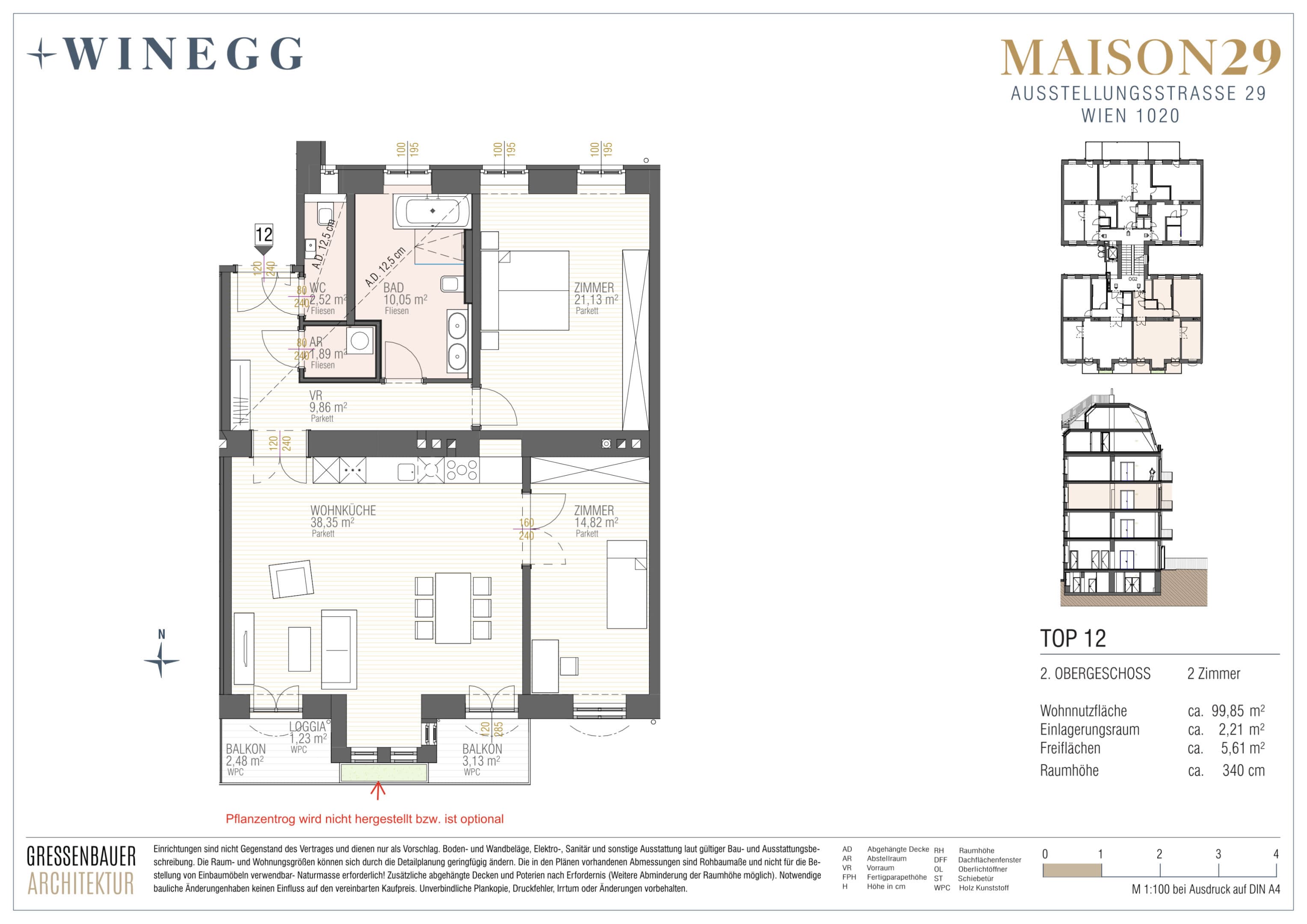 Floorplan Top 12 — MAISON 29 — 3 Rooms — 98.6 m² — 2nd floor — Balkon, Loggia