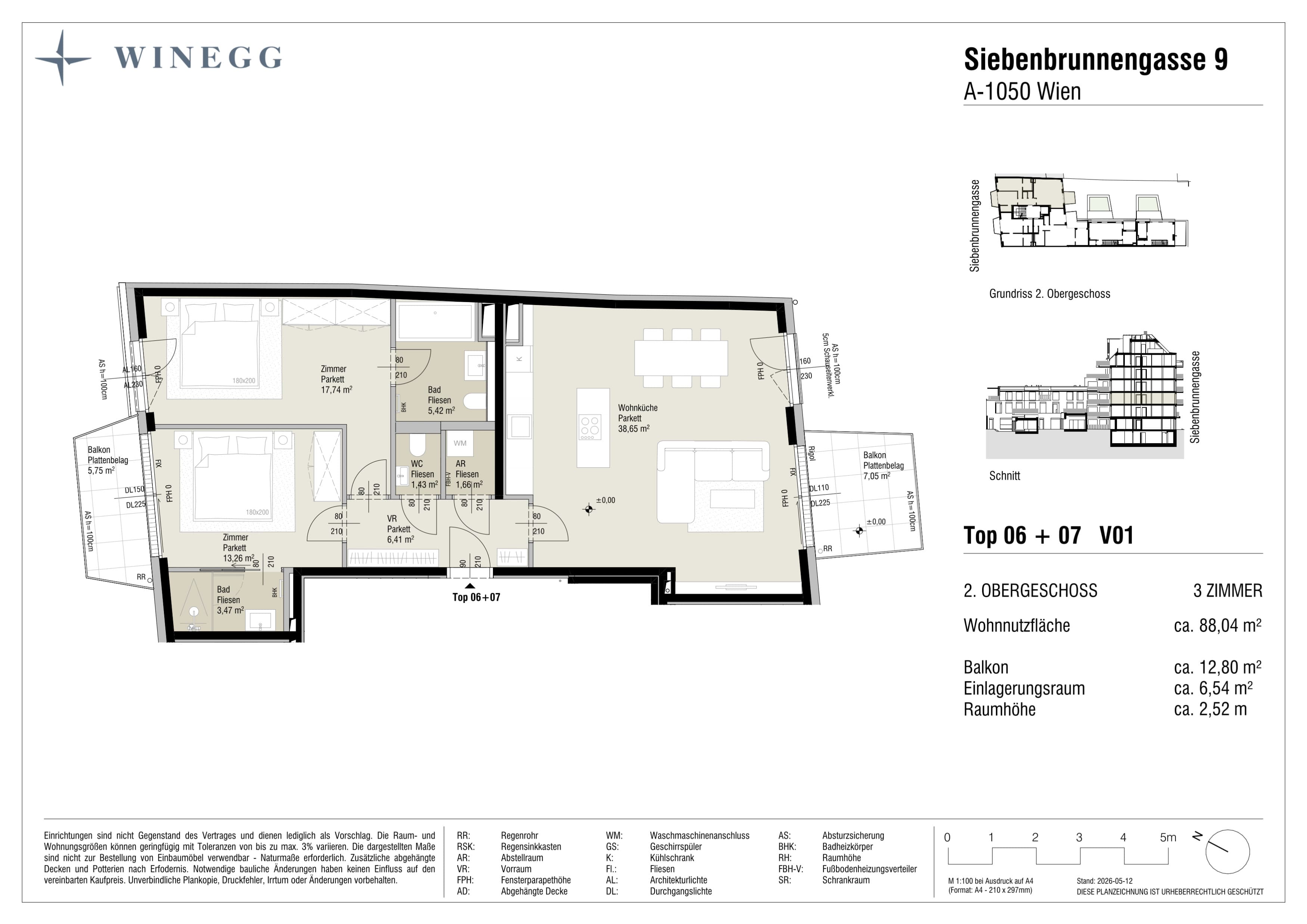 Grundriss Top 6+7 / V1 — Margaret — 3 Zimmer — 88 m² — 2. Etage
