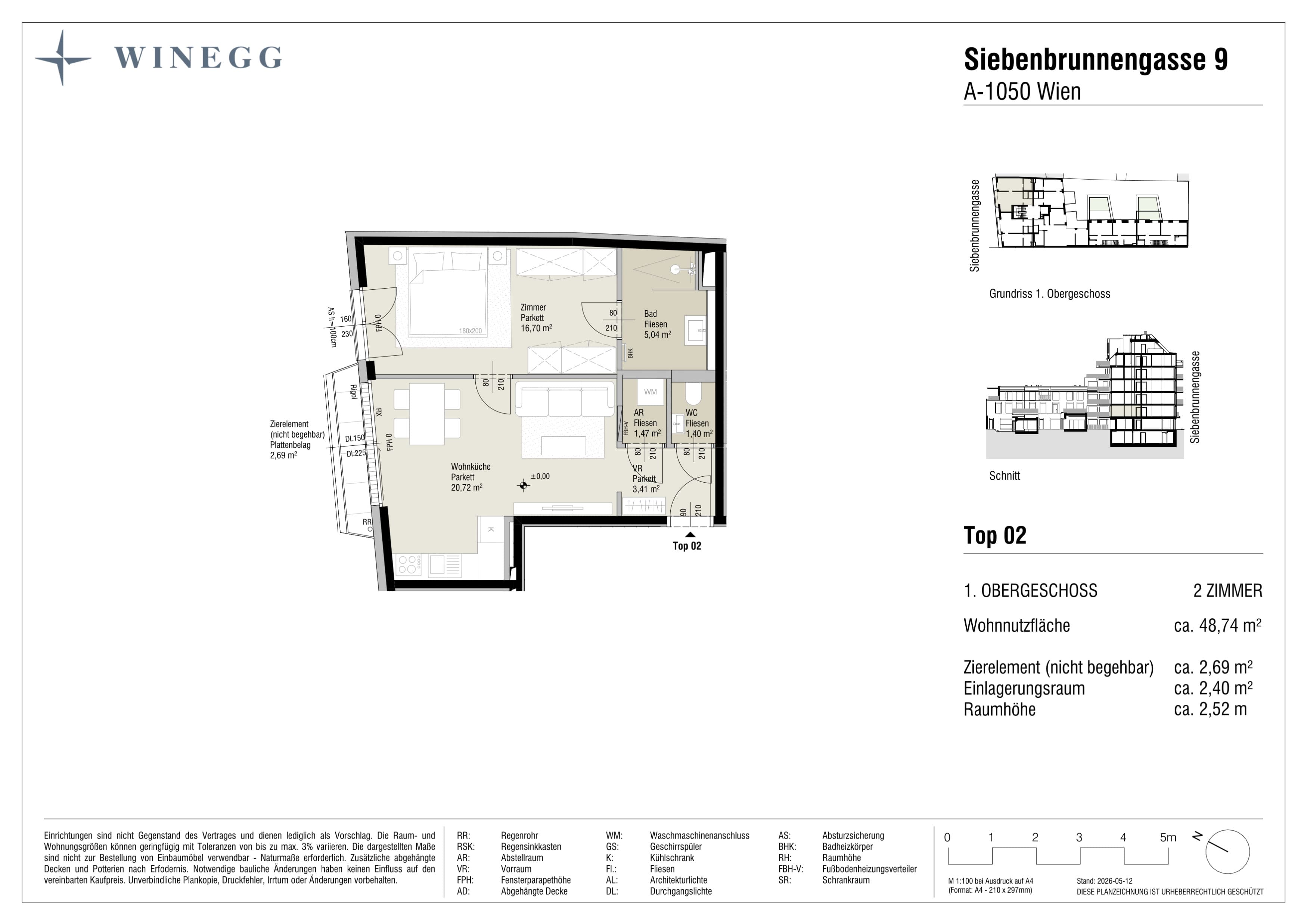 Grundriss Top 2 — Margaret — 2 Zimmer — 48,7 m² — 1. Etage