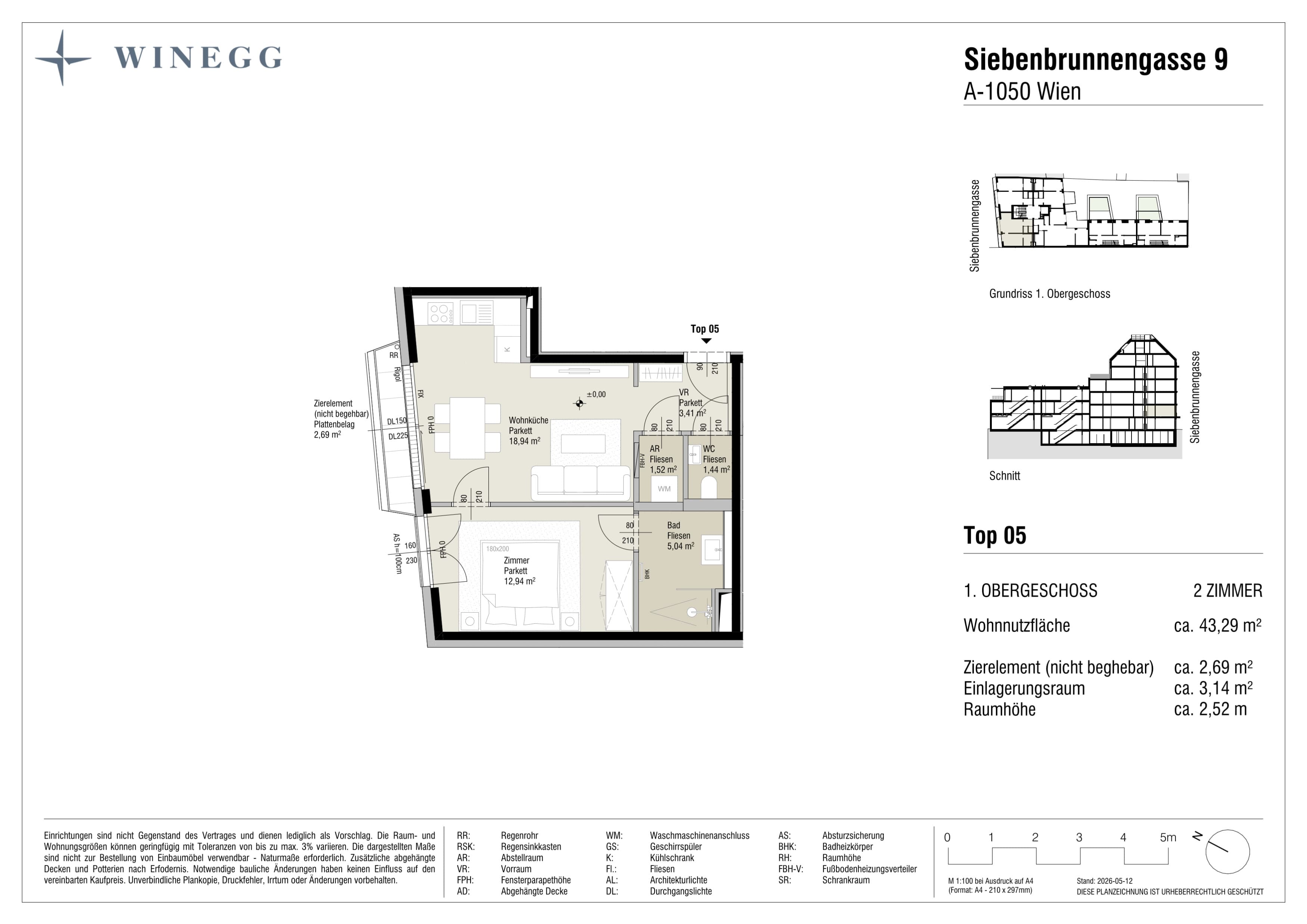 Grundriss Top 5 — Margaret — 2 Zimmer — 43,3 m² — 1. Etage
