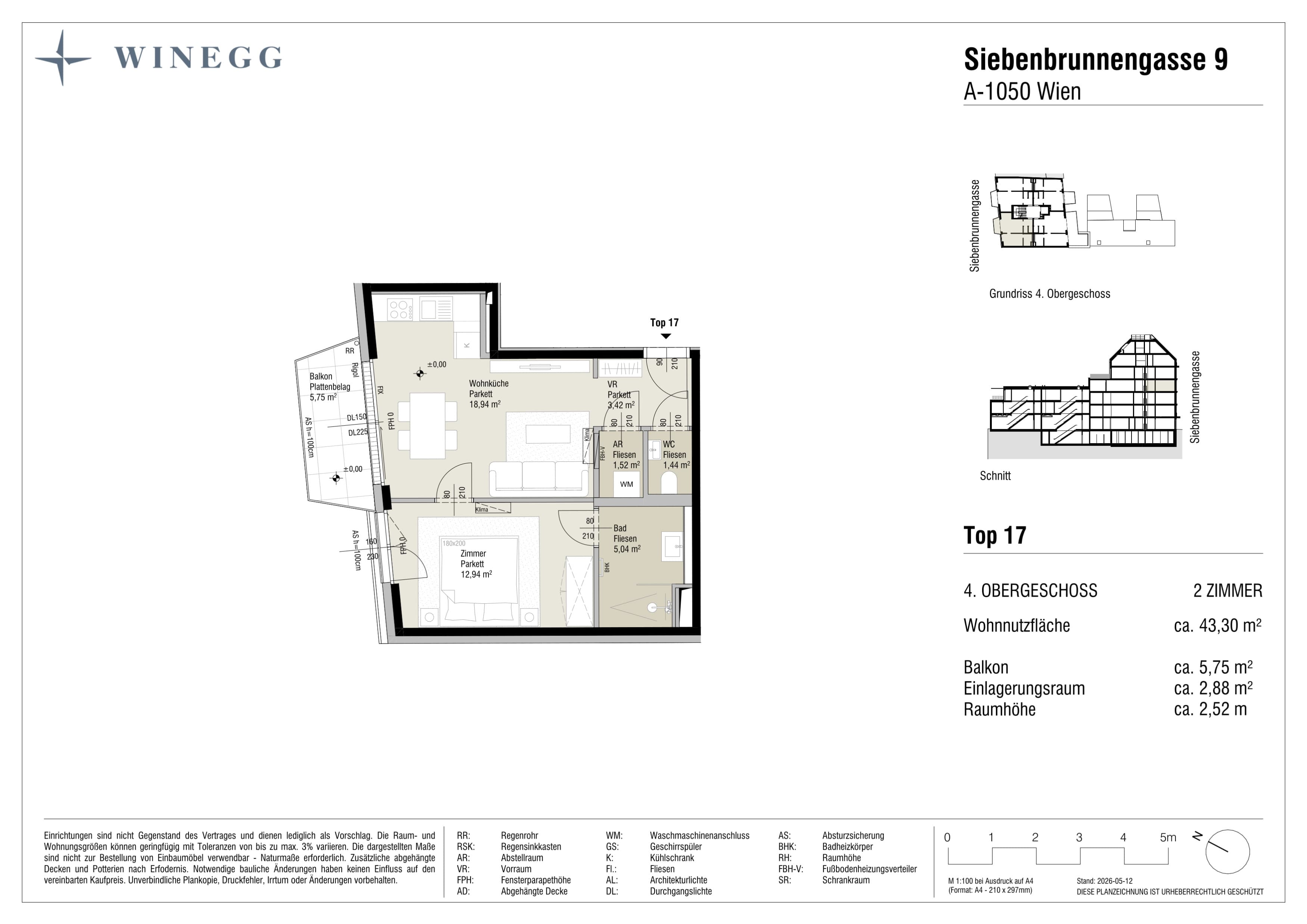 Grundriss Top 17 — Margaret — 2 Zimmer — 43,3 m² — 4. Etage