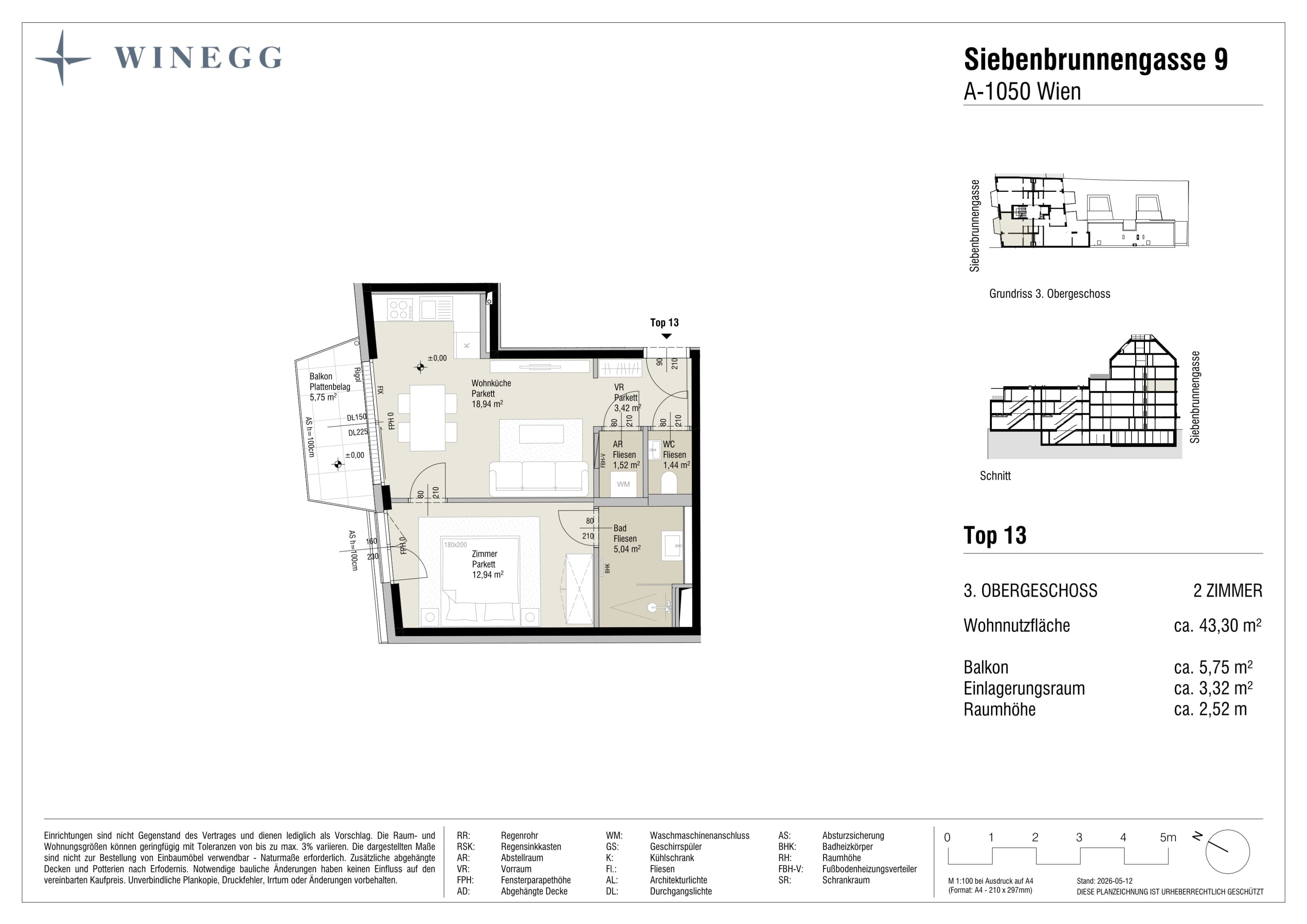 Grundriss Top 13 — Margaret — 2 Zimmer — 43,3 m² — 3. Etage