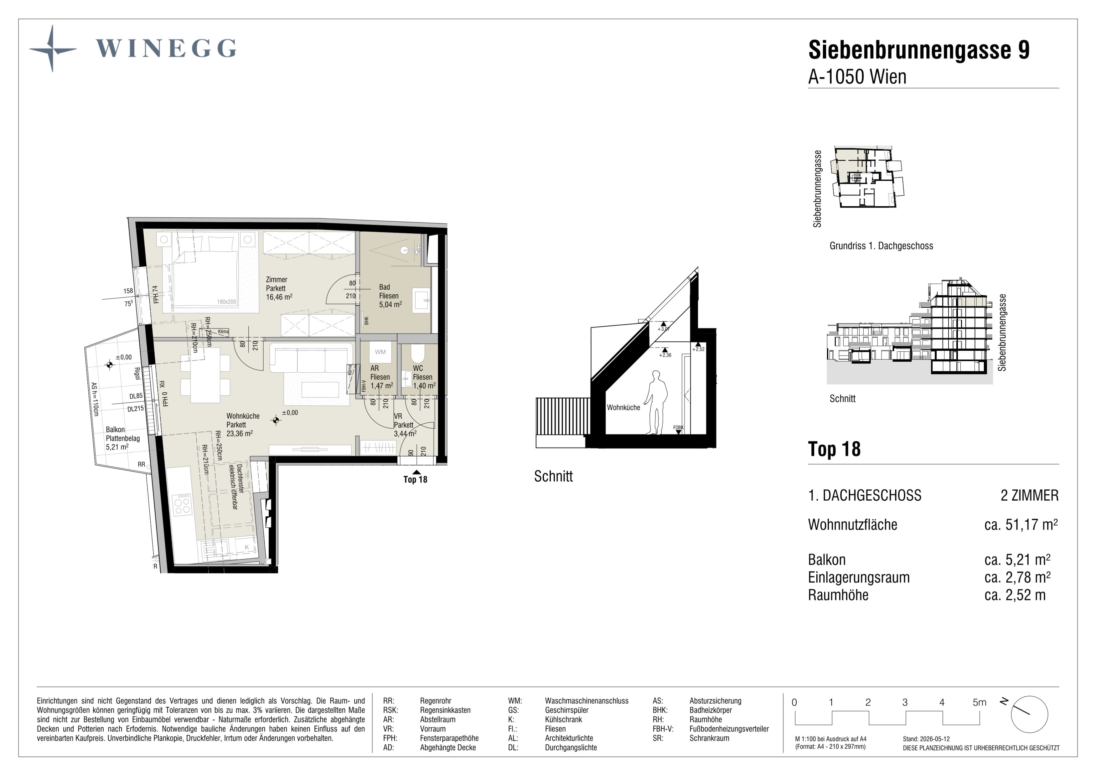Grundriss Top 18 — Margaret — 2 Zimmer — 51,2 m² — 1. DG