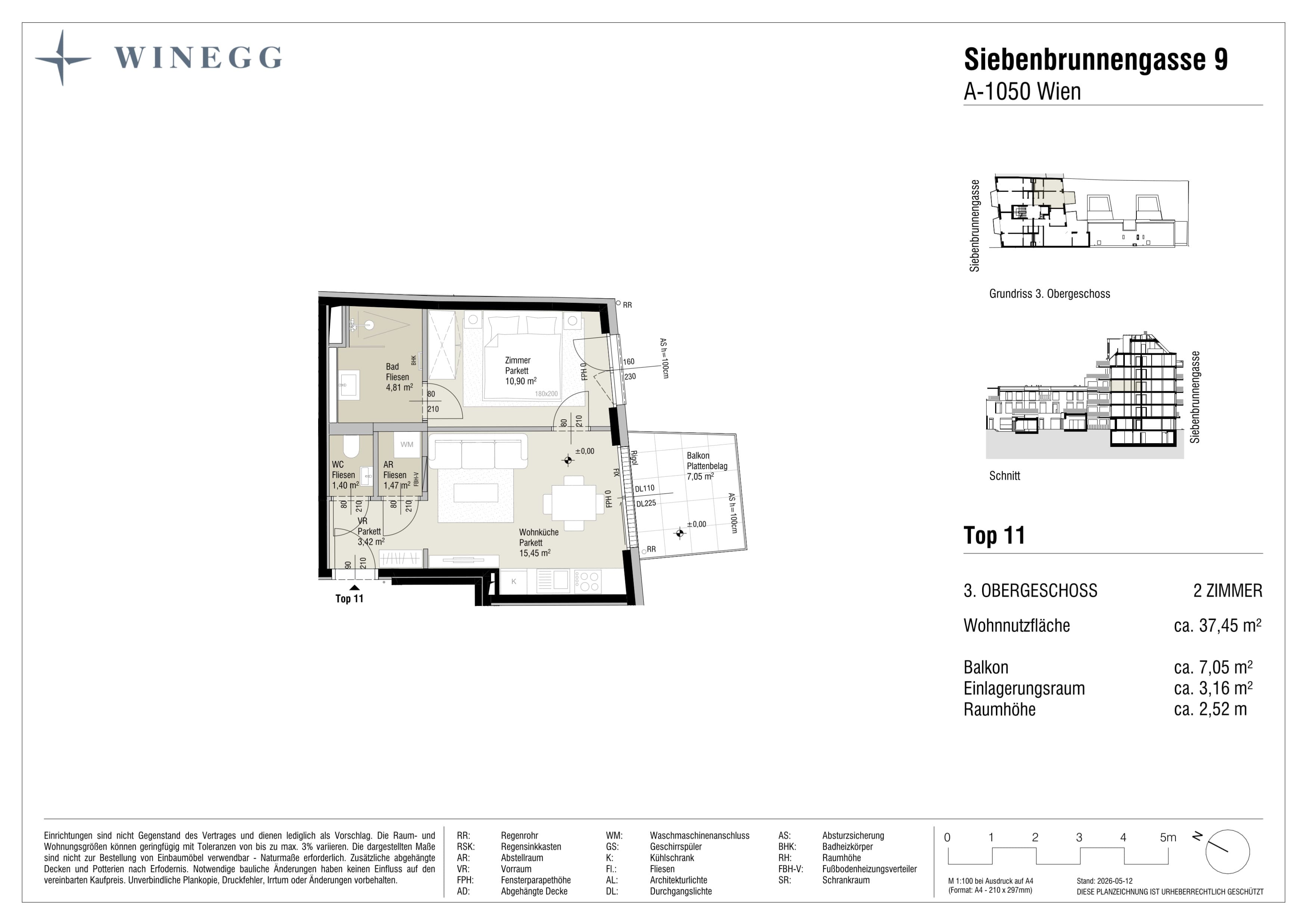 Grundriss Top 11 — Margaret — 2 Zimmer — 37,5 m² — 3. Etage