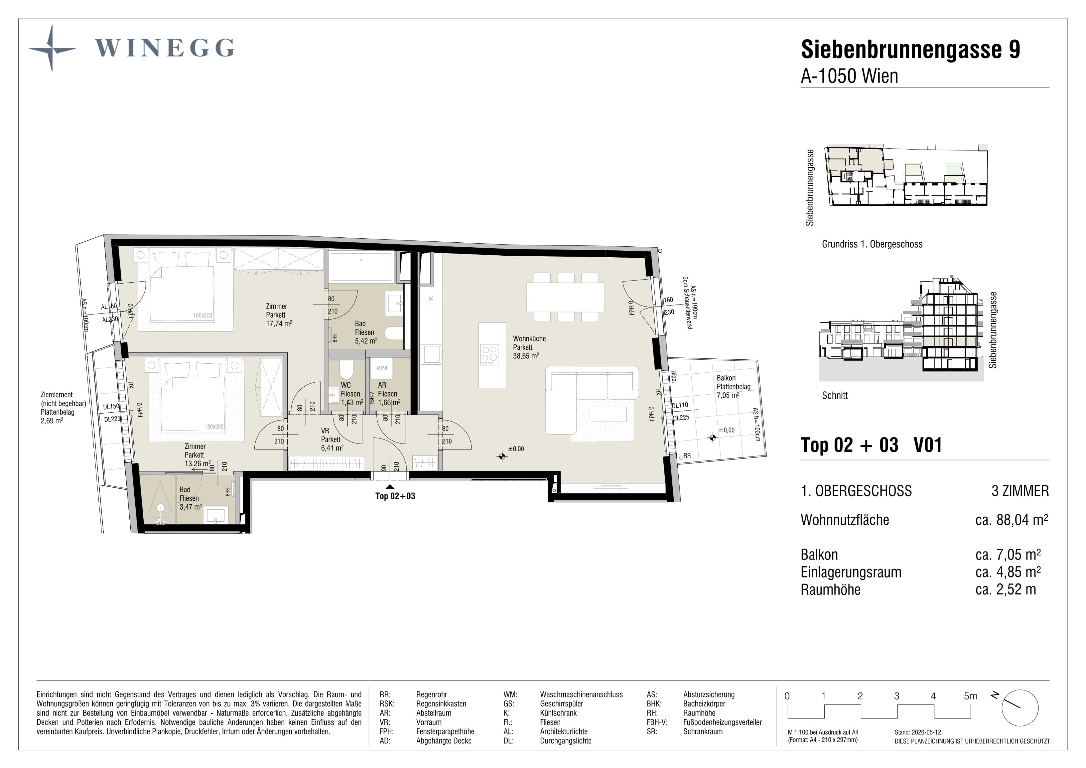 Grundriss Top 2+3 / V1 — Margaret — 3 Zimmer — 88 m² — 1. Etage