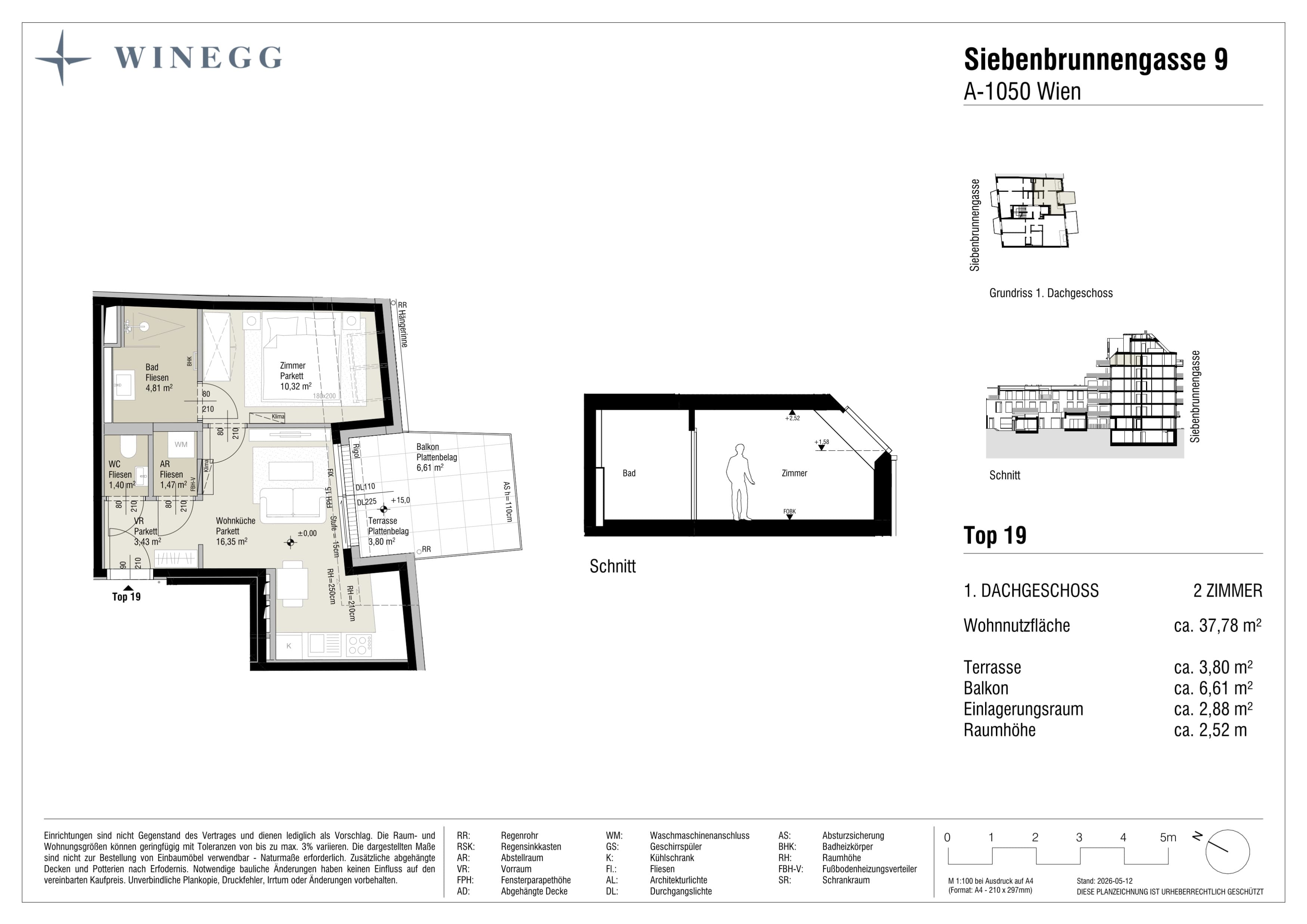 Grundriss Top 19 — Margaret — 2 Zimmer — 37,8 m² — 1. DG