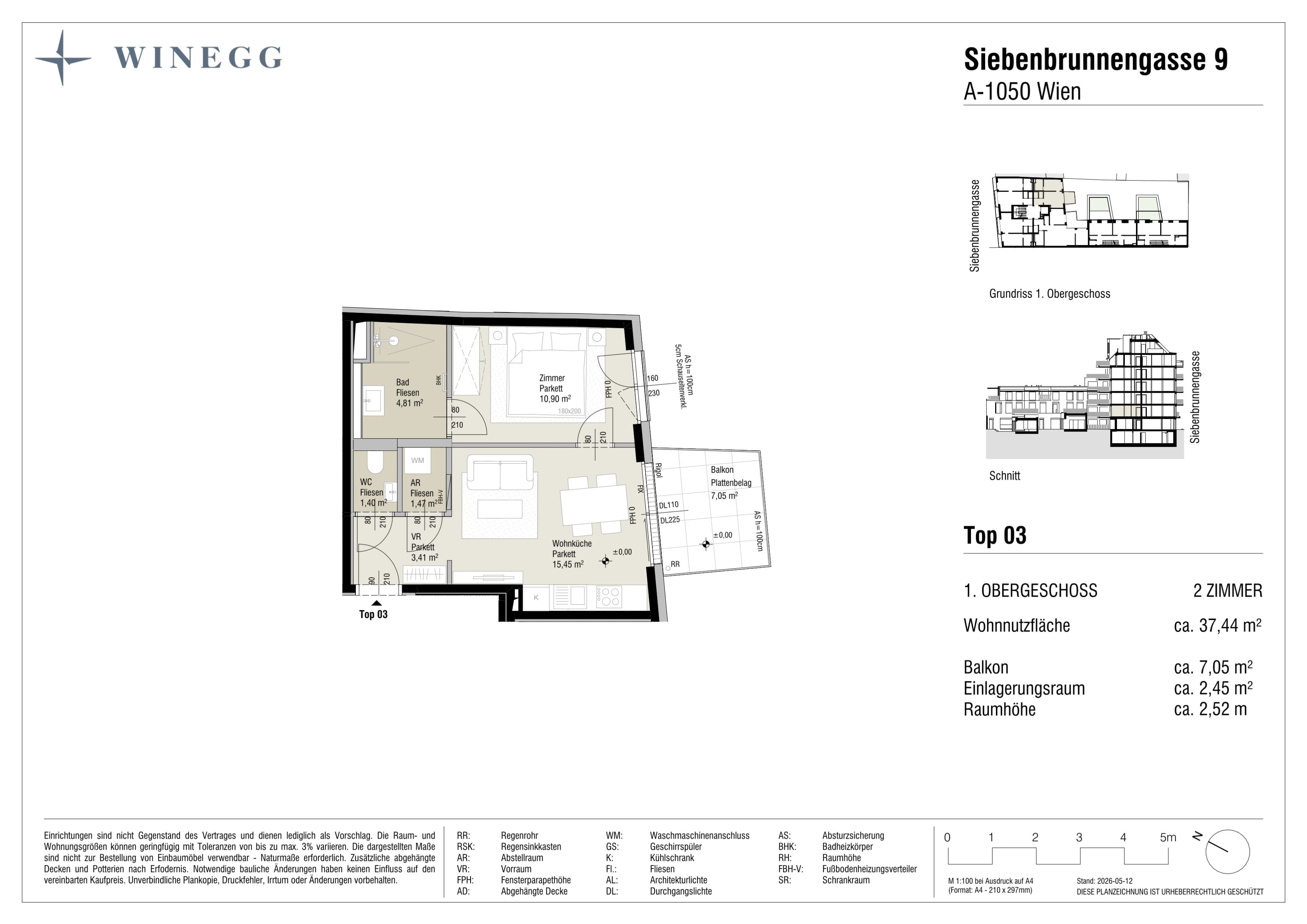 Grundriss Top 3 — Margaret — 2 Zimmer — 37,4 m² — 1. Etage