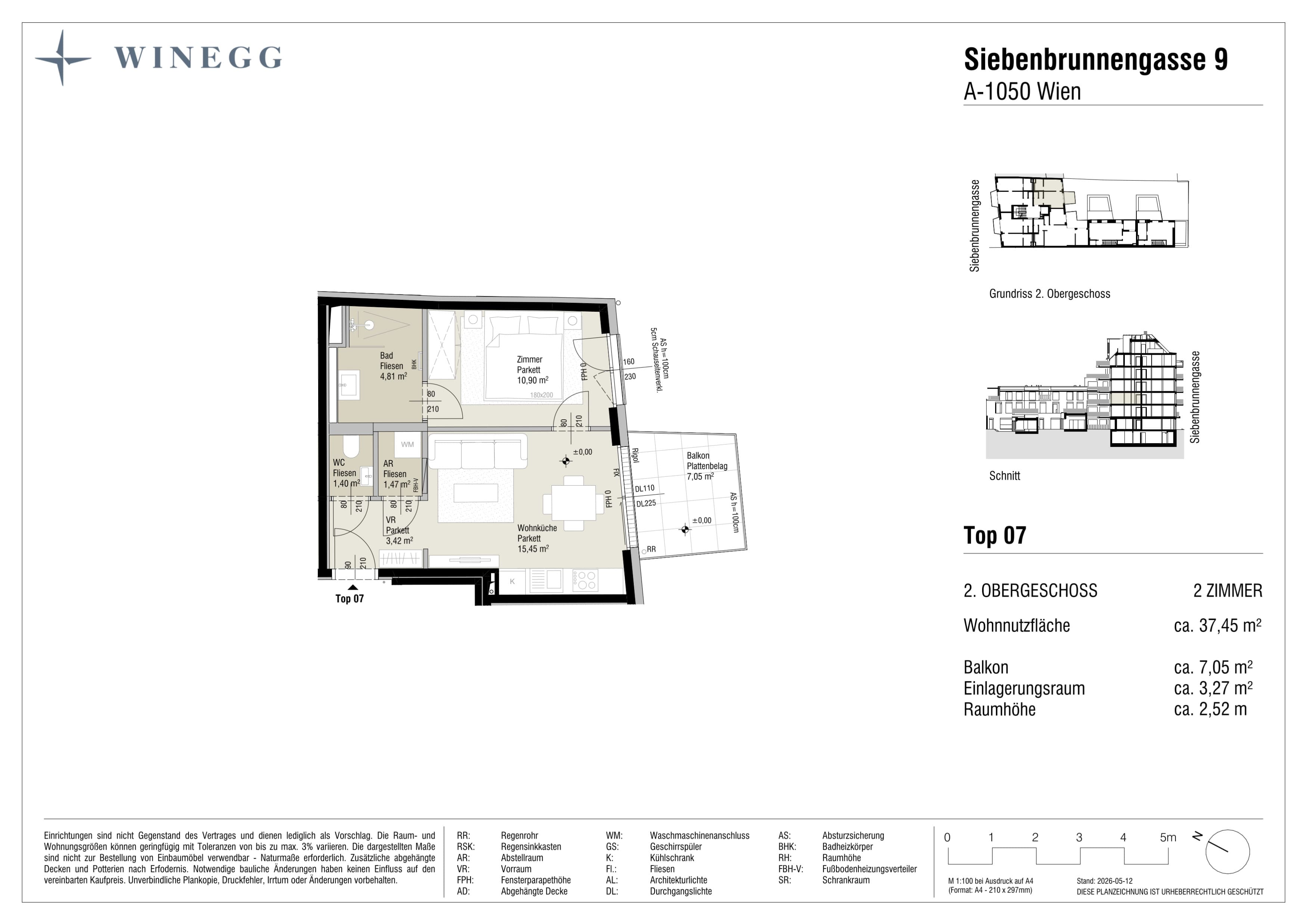 Grundriss Top 7 — Margaret — 2 Zimmer — 37,5 m² — 2. Etage