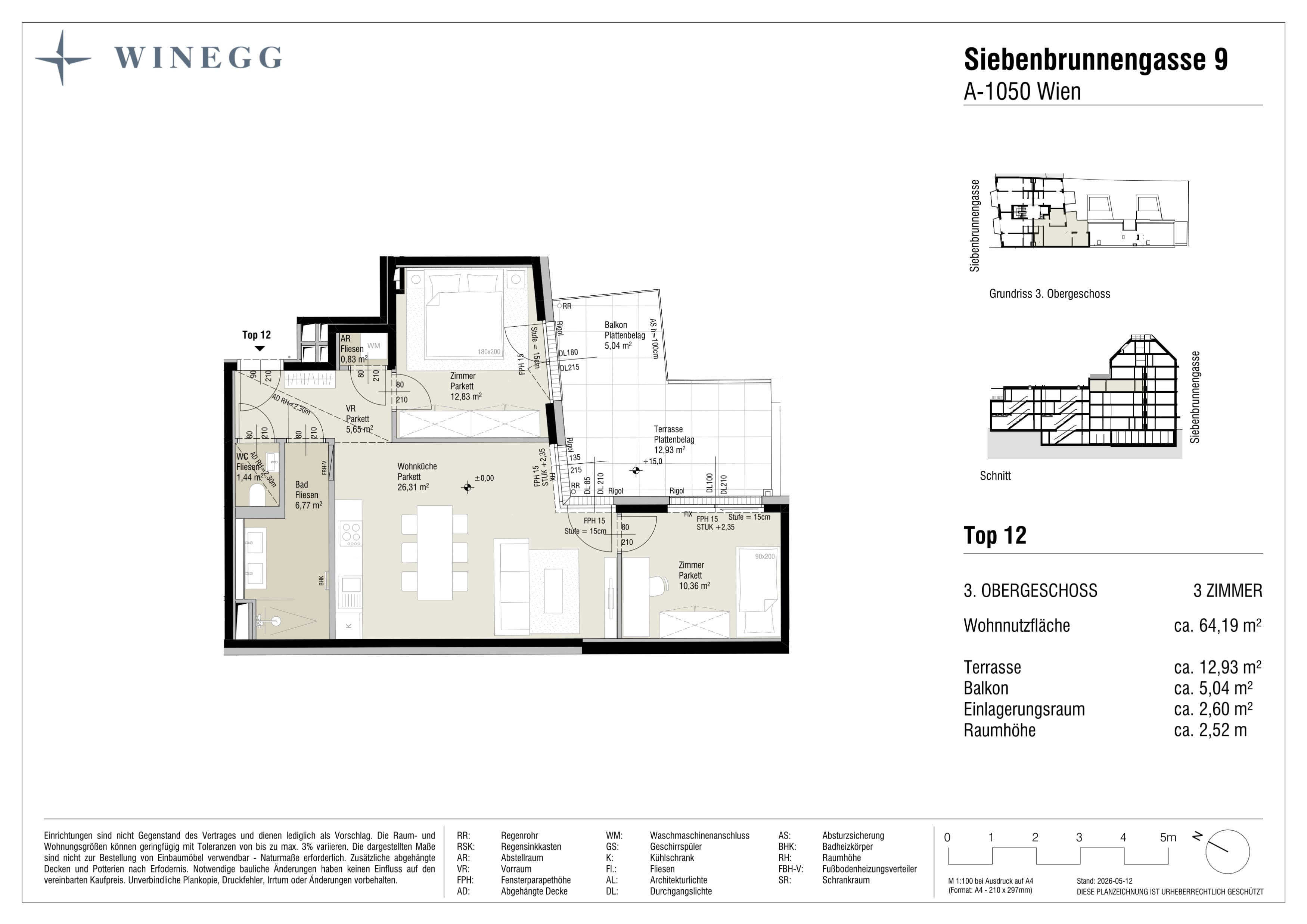 Grundriss Top 12 — Margaret — 3 Zimmer — 64,2 m² — 3. Etage