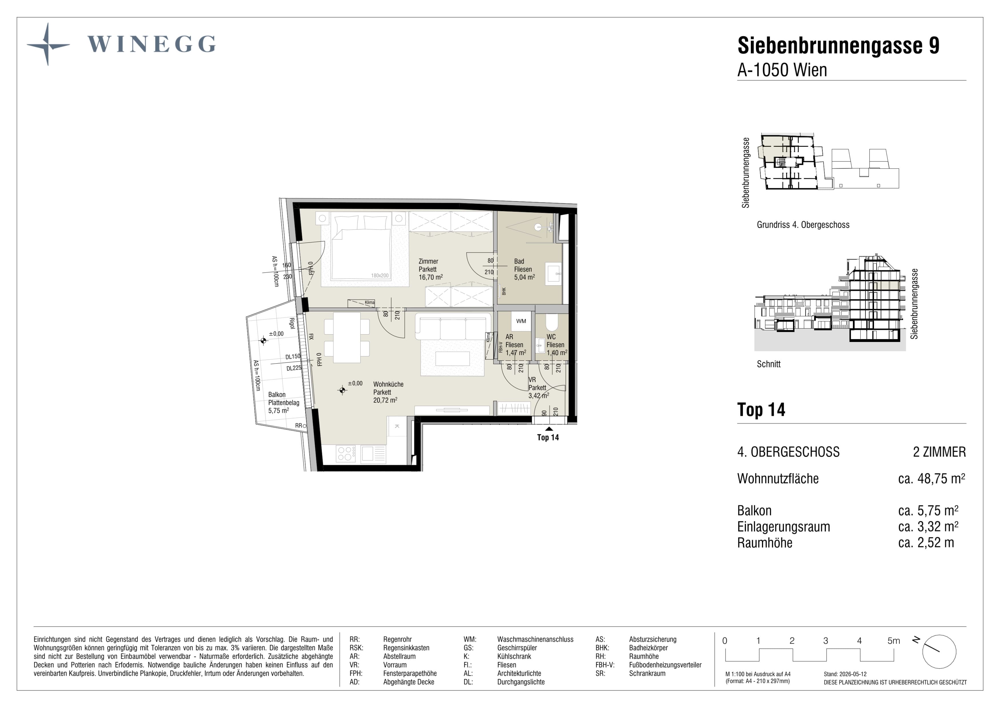 Grundriss Top 14 — Margaret — 2 Zimmer — 48,8 m² — 4. Etage