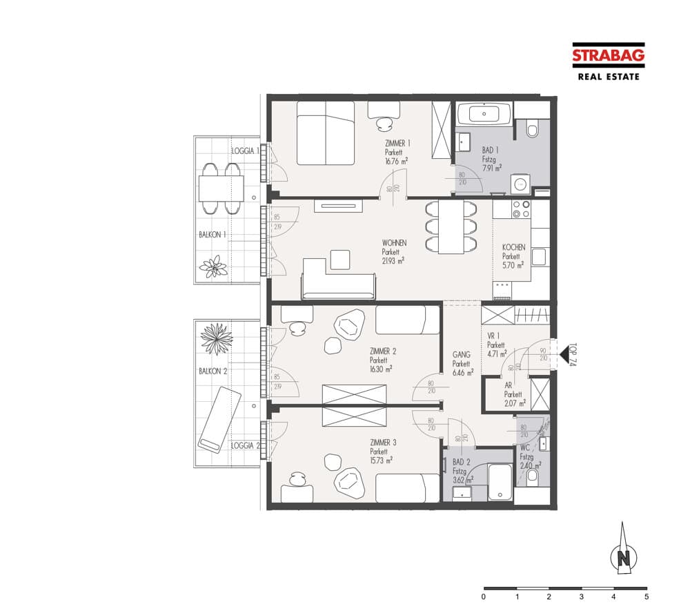 Floorplan Top 74 — Mein:G — 4 Rooms — 103.6 m² — 4. OG