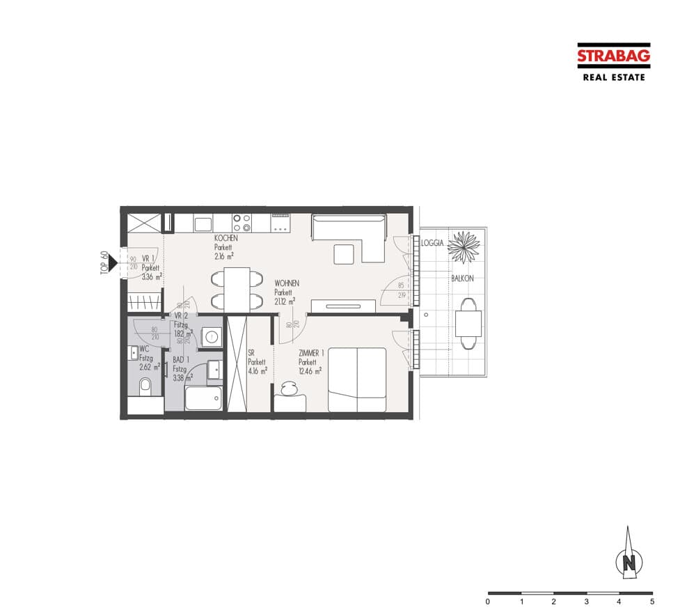 Grundriss Top 60 — Mein:G — 2 Zimmer — 51,1 m² — 3. OG